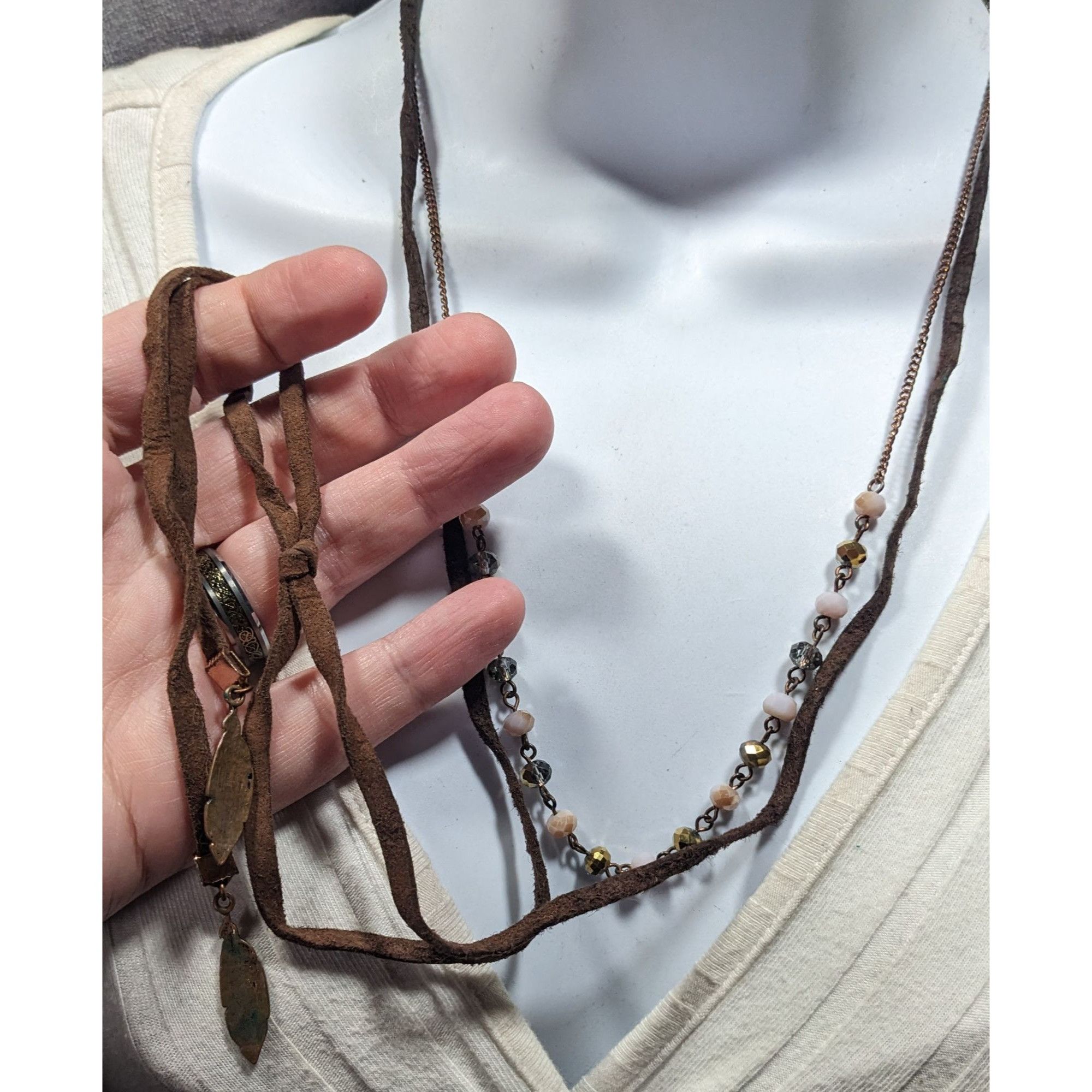 Other Bohemian Hippie Brown Suede Beaded Necklace With Tie Accent Size ONE SIZE - 3 Thumbnail