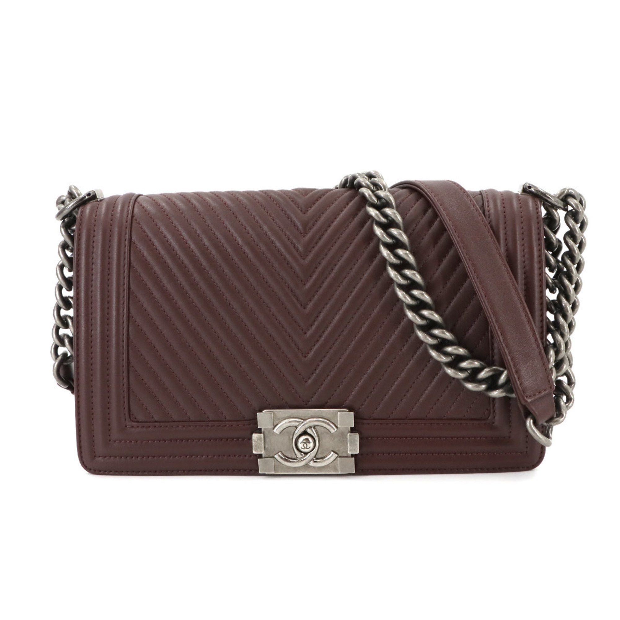 Chanel Boy Chanel Chain Shoulder Bag Leather Bordeaux A67086 Silver Metal Fittings, Women's