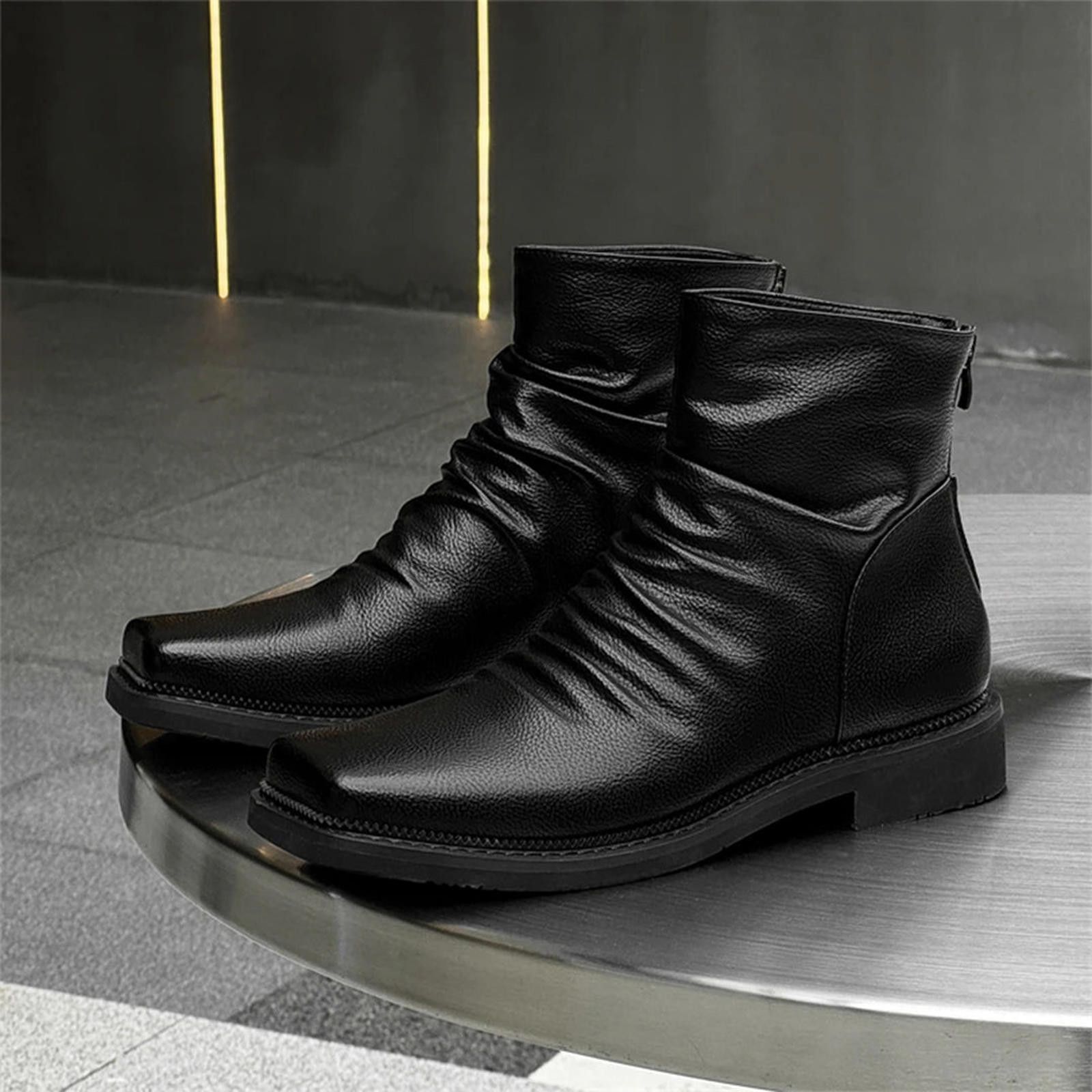 Pleated Leather Ankle Boots
