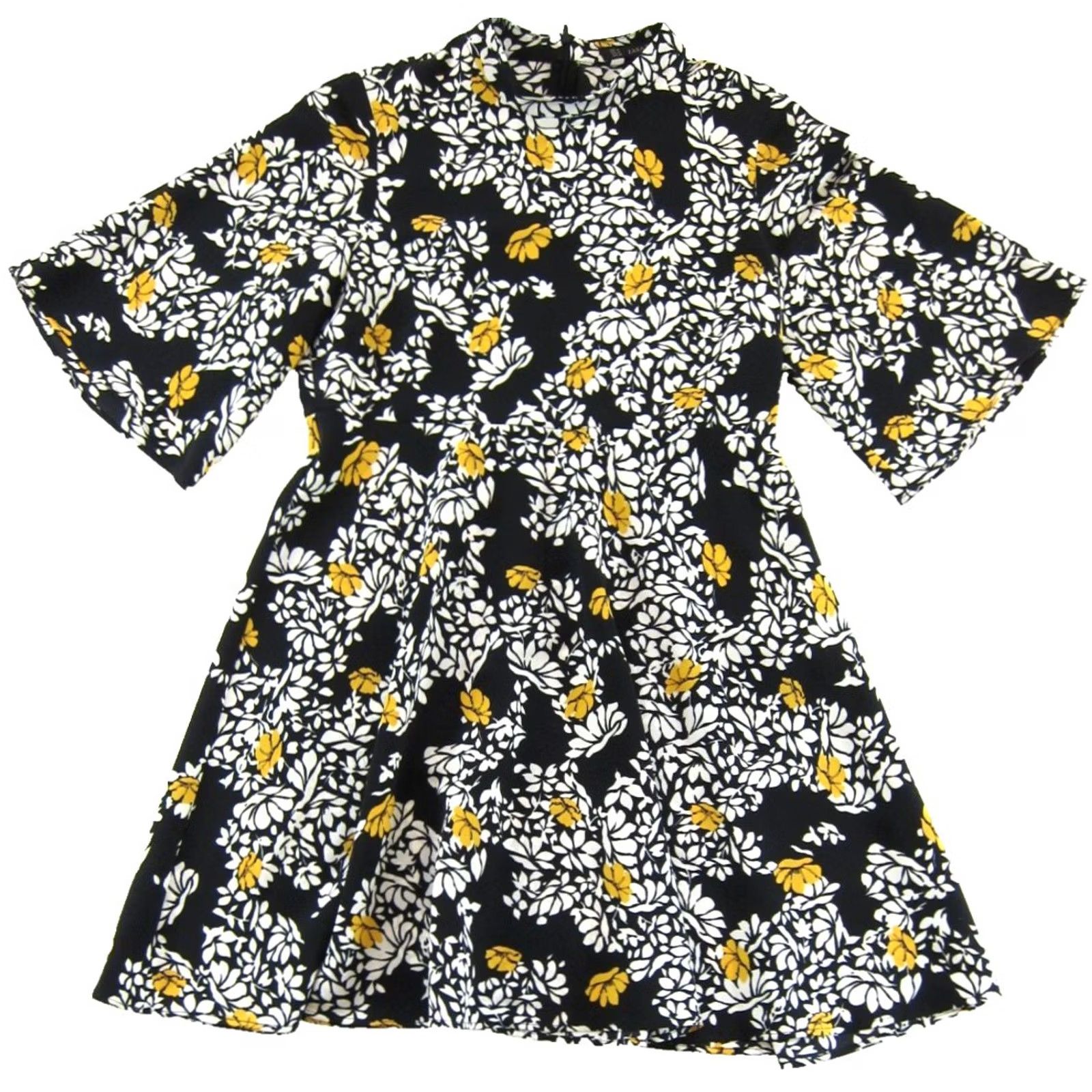 Zara ZARA BASIC Black White Yellow Floral High Neck Short Sleeve Empire Waist Dress M Size 32" / US 10 / IT 46 - 2 Thumbnail