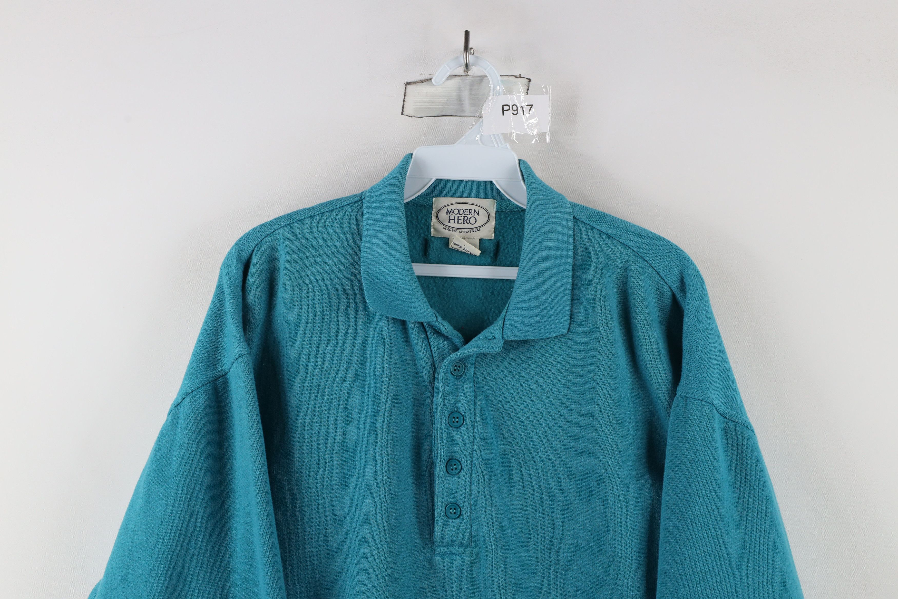 Vintage Vintage 90s Streetwear Boxy Fit Collared Sweatshirt Teal Size US L / EU 52-54 / 3 - 2 Thumbnail
