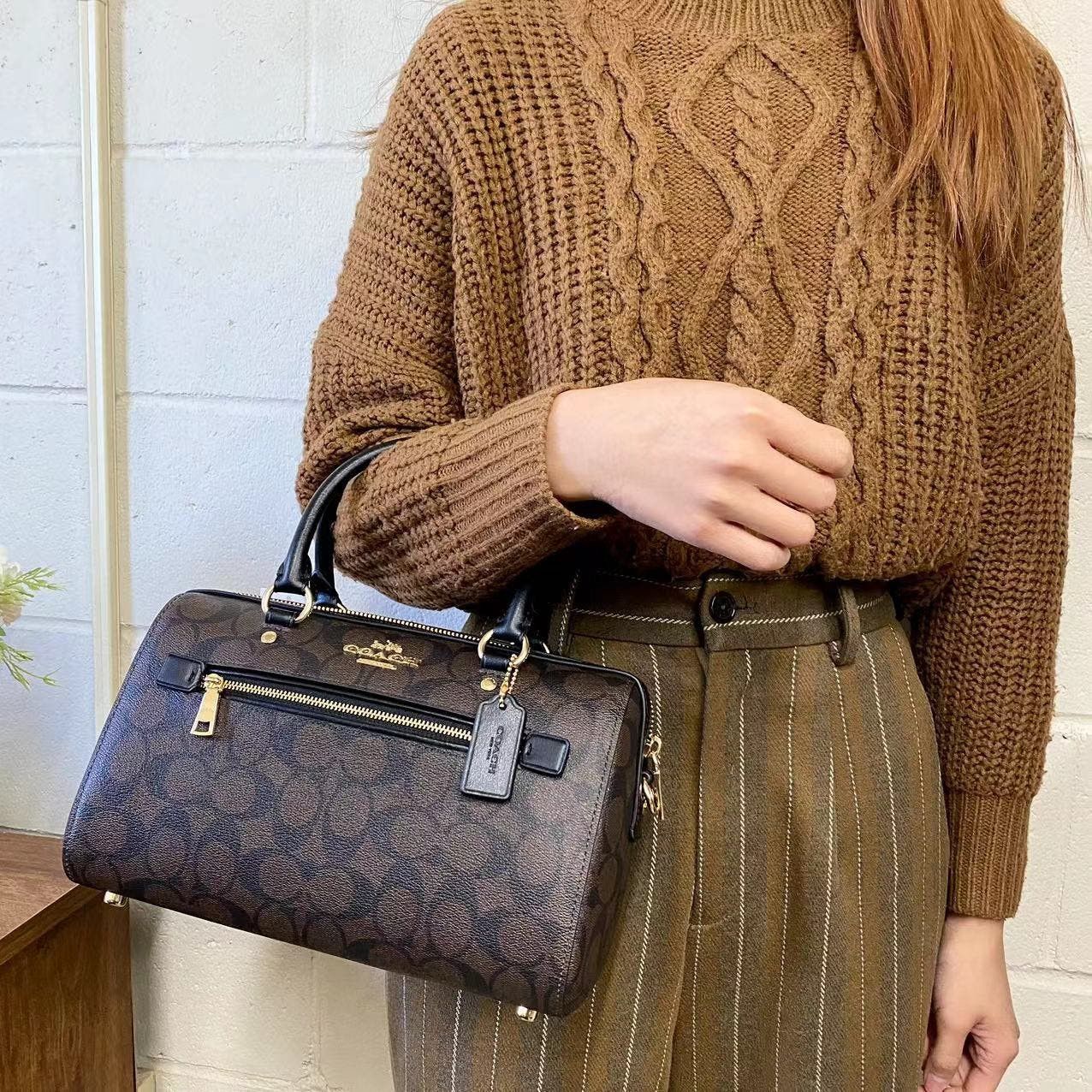 COACH F83607 ROWAN SATCHEL IN SIGNATURE CANVAS BROWN BLACK