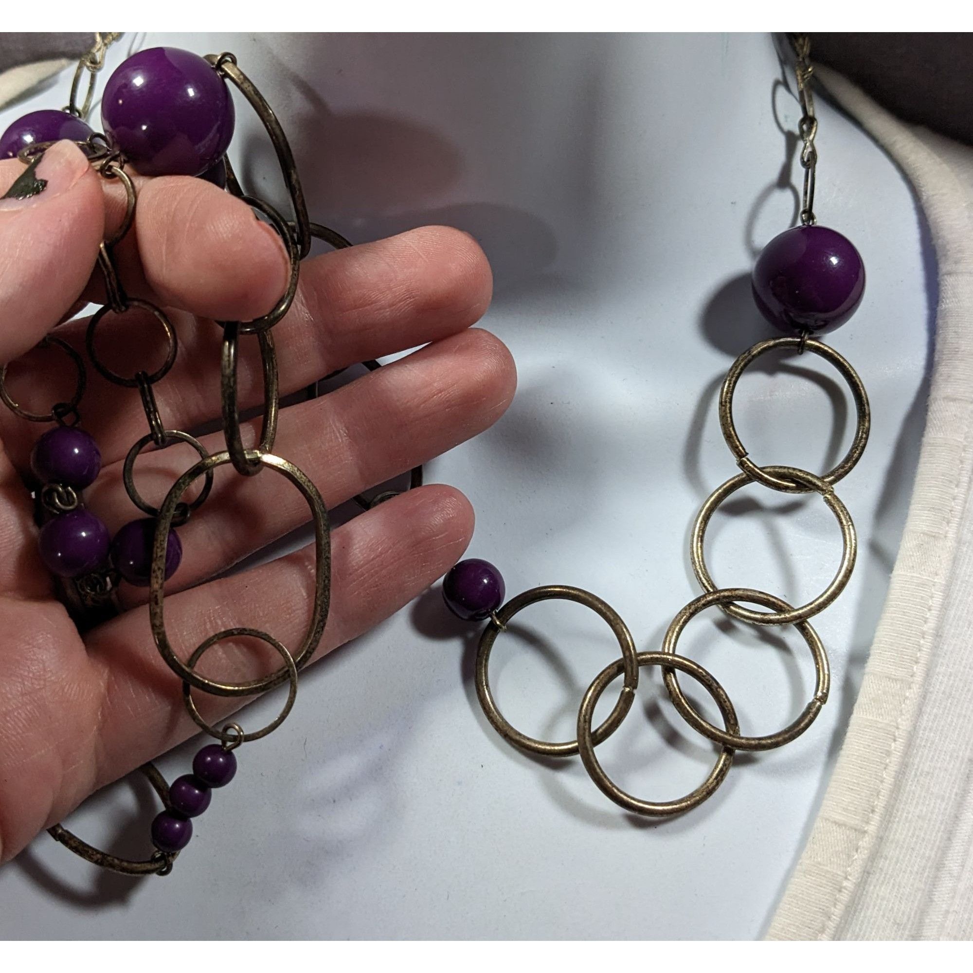 Other Chunky Silver Tone Chain Necklace With Purple Beads Size ONE SIZE - 3 Thumbnail