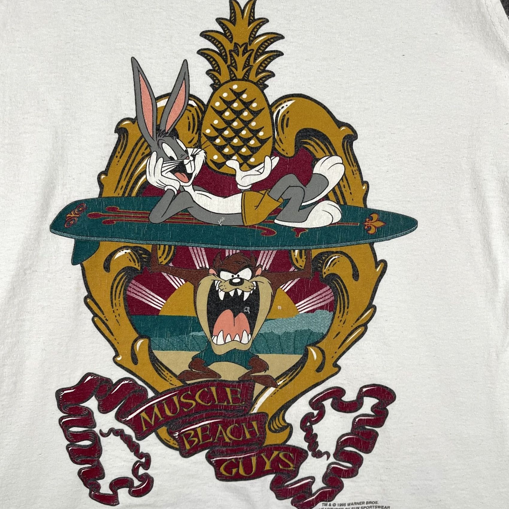 Sunray Sportswear VINTAGE Sun Sportswear Shirt Mens L Looney Tunes Muscle Beach Bugs Taz 1995 White Cotton Sleeveless Graphic Print Beach Surf Size US L / EU 52-54 / 3 - 3 Thumbnail