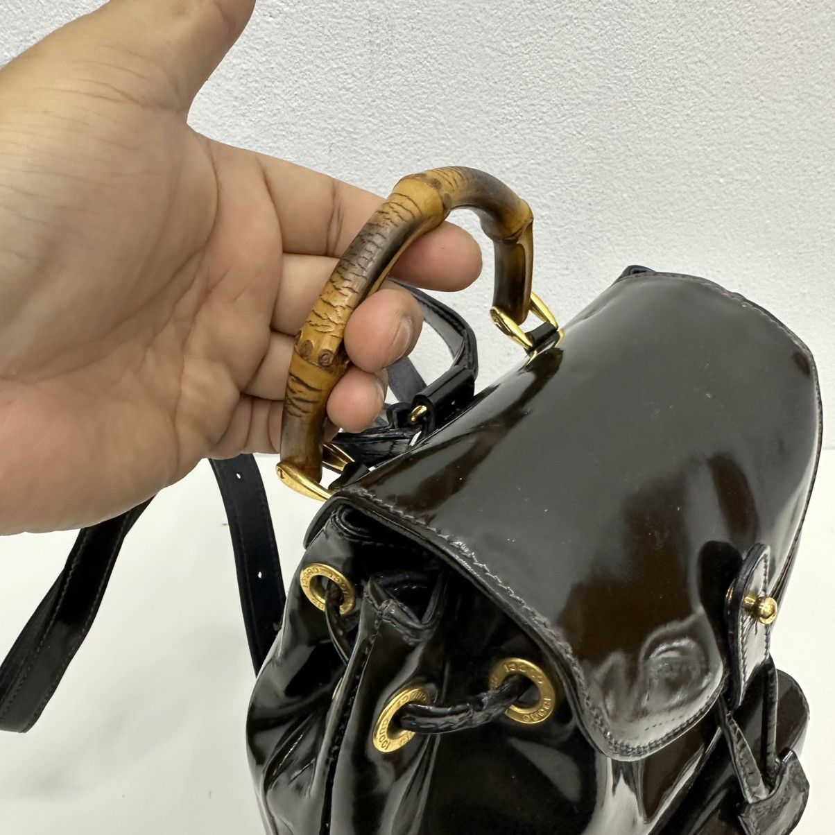 Vintage ‼️YES‼️ AUTHENTIC GUCCI BAMBOO BLACK PATENT LEATHER BACKPACK Size ONE SIZE - 6 Thumbnail