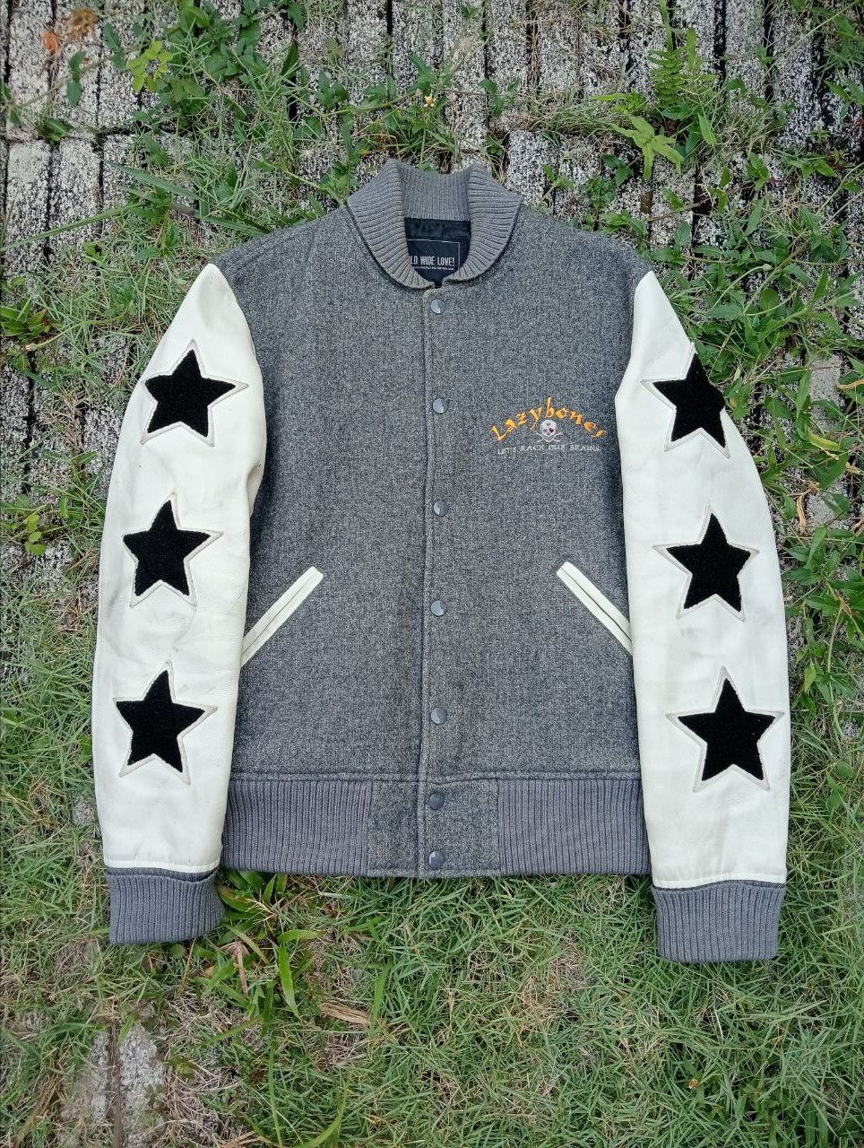 image of Leather Jacket x Varsity Jacket Stealvintage Lazybones World Wide Love Varsity Jacket in Grey (Size