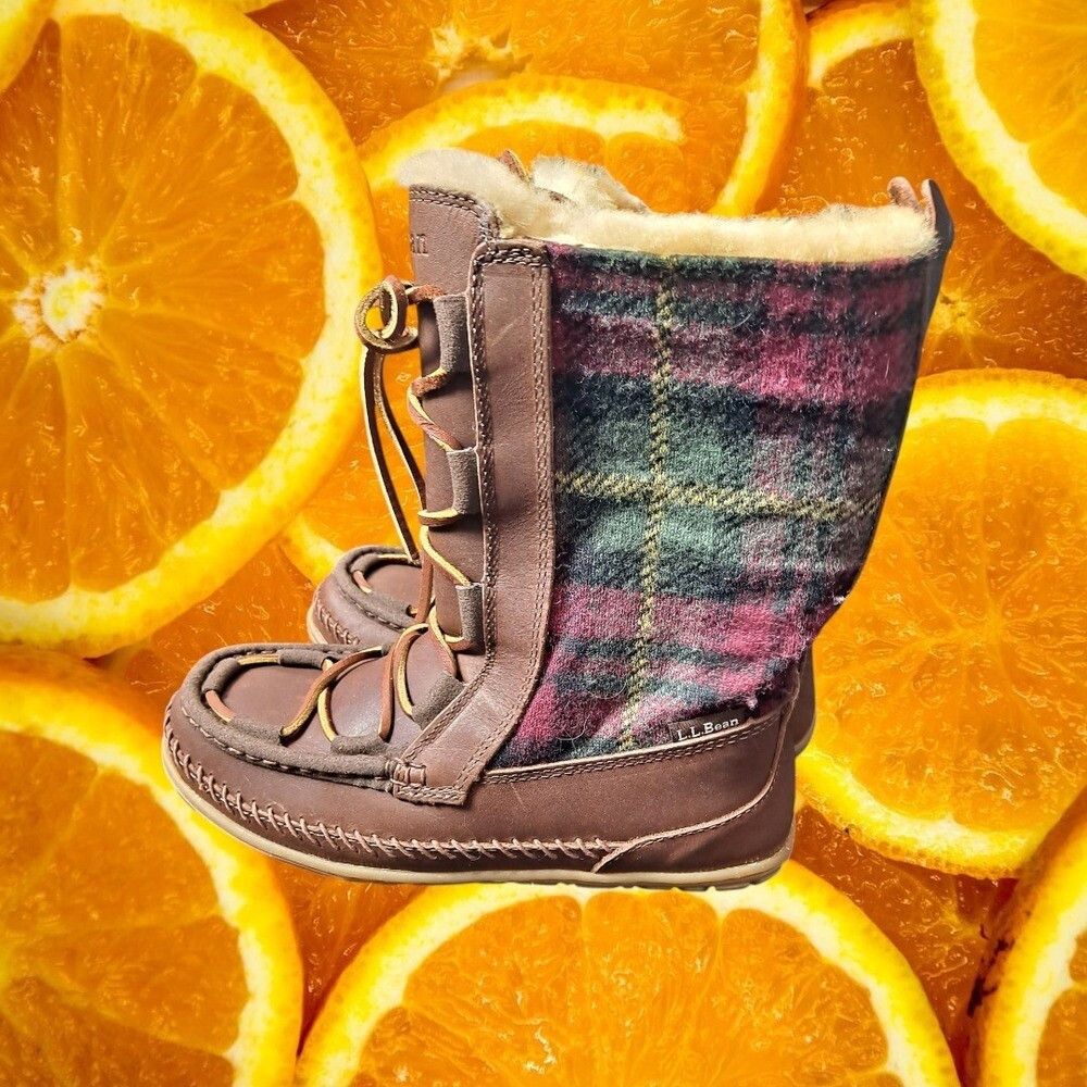 L.L.Bean Shearling Lined Moc Toe Plaid Wool Boots Lace Up Wo