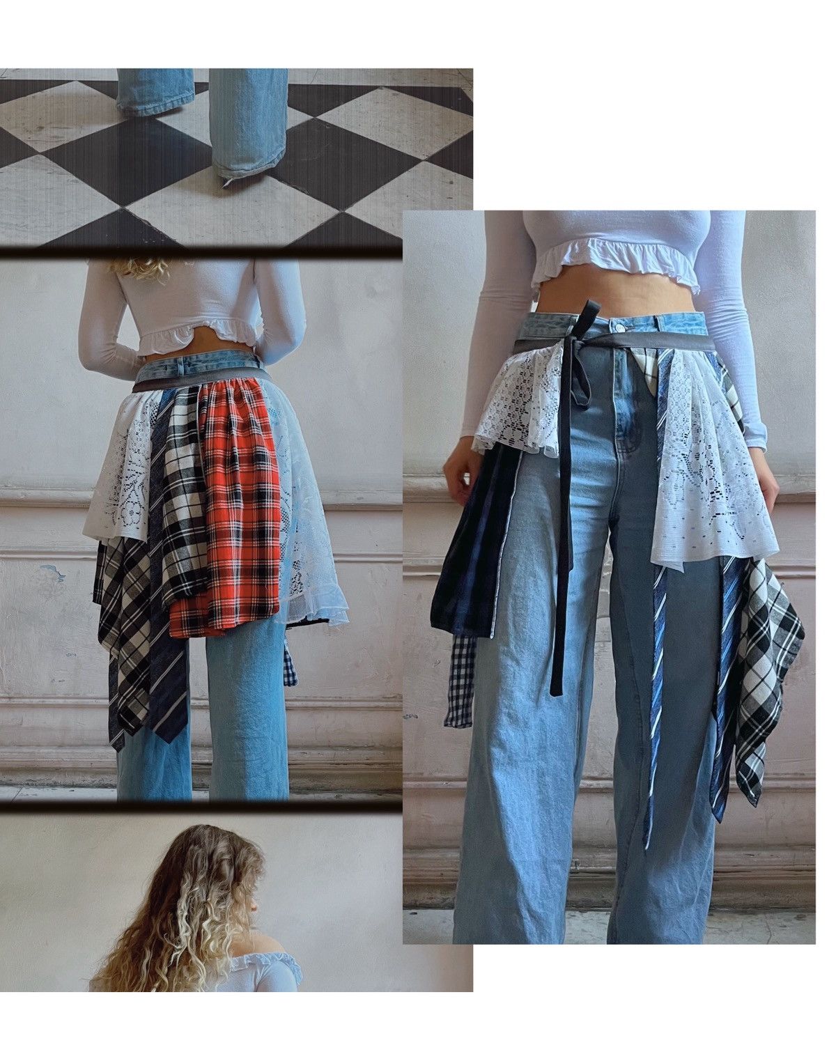 Custommade Upcycled Plaid & Lace Midi Belt Skirt / peplum belt Size 28" / US 6 / IT 42 - 2 Thumbnail