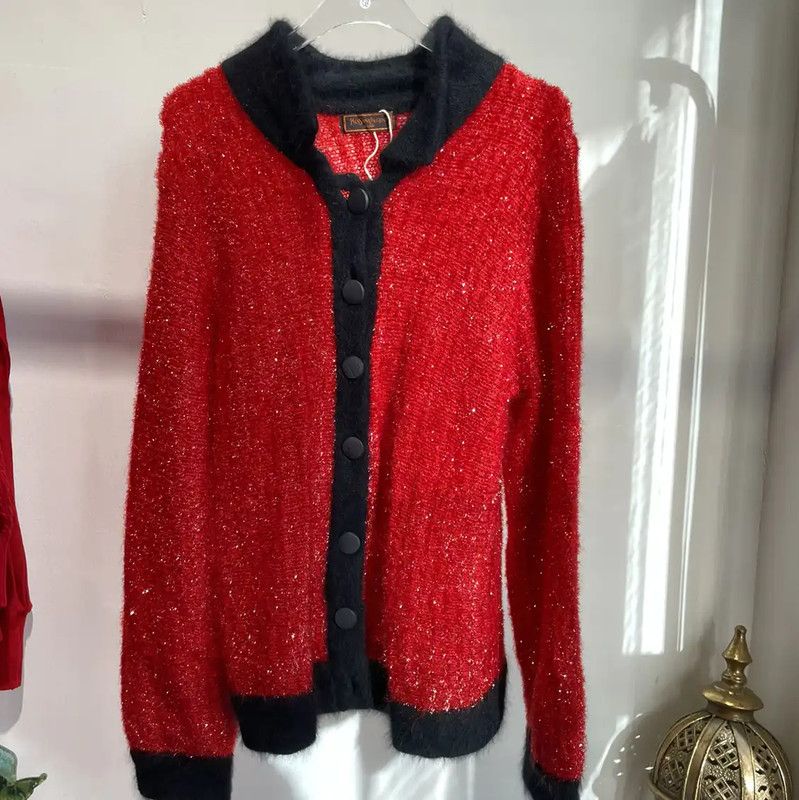 Yves Saint Laurent YSL Red Women's Cardigan with Black Accents 0089 Size L / US 10 / IT 46 - 1 Thumbnail