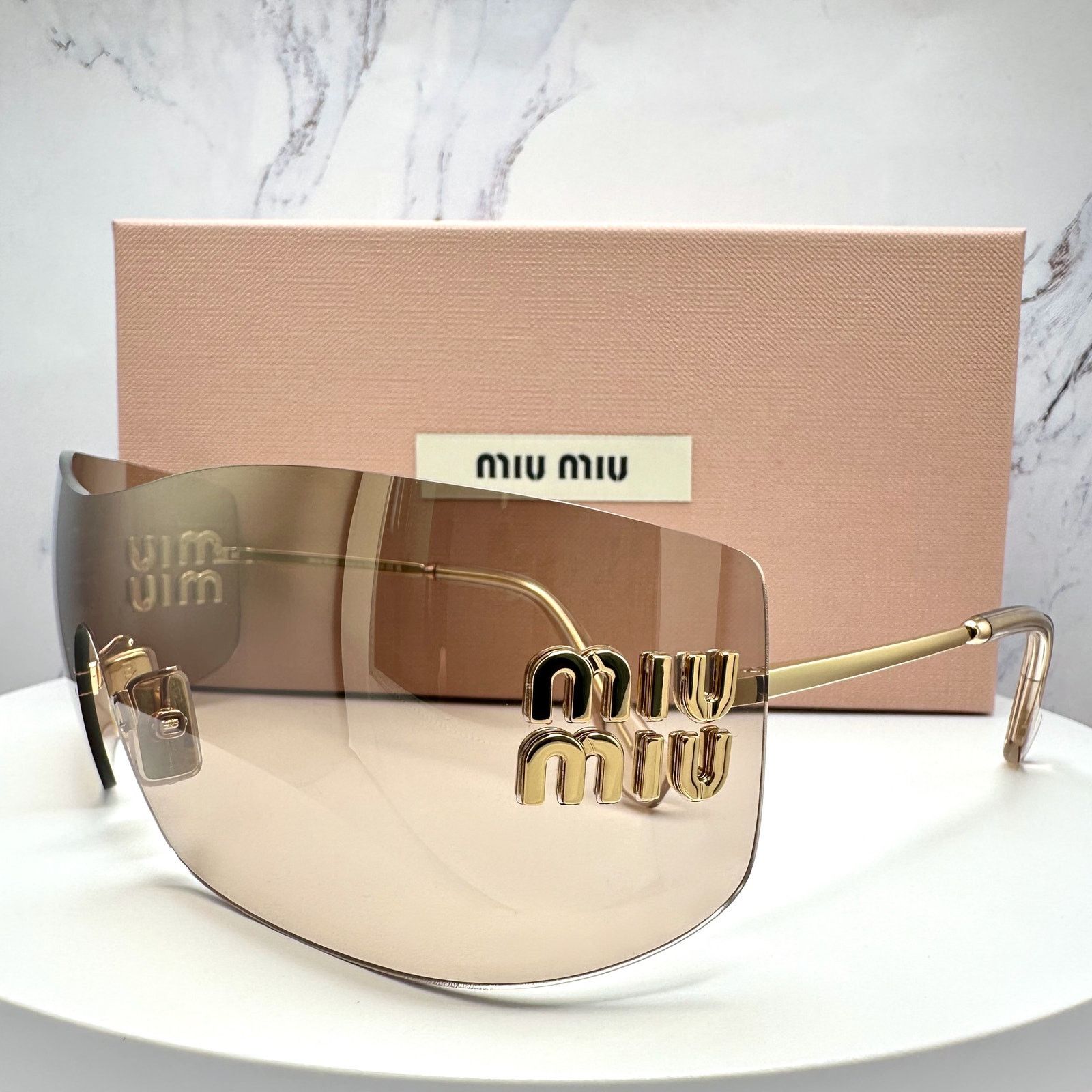 Miu Miu New MIU MIU Sunglasses Gold Light Mirror Bronze Rimless Wrap Size ONE SIZE - 16 Thumbnail