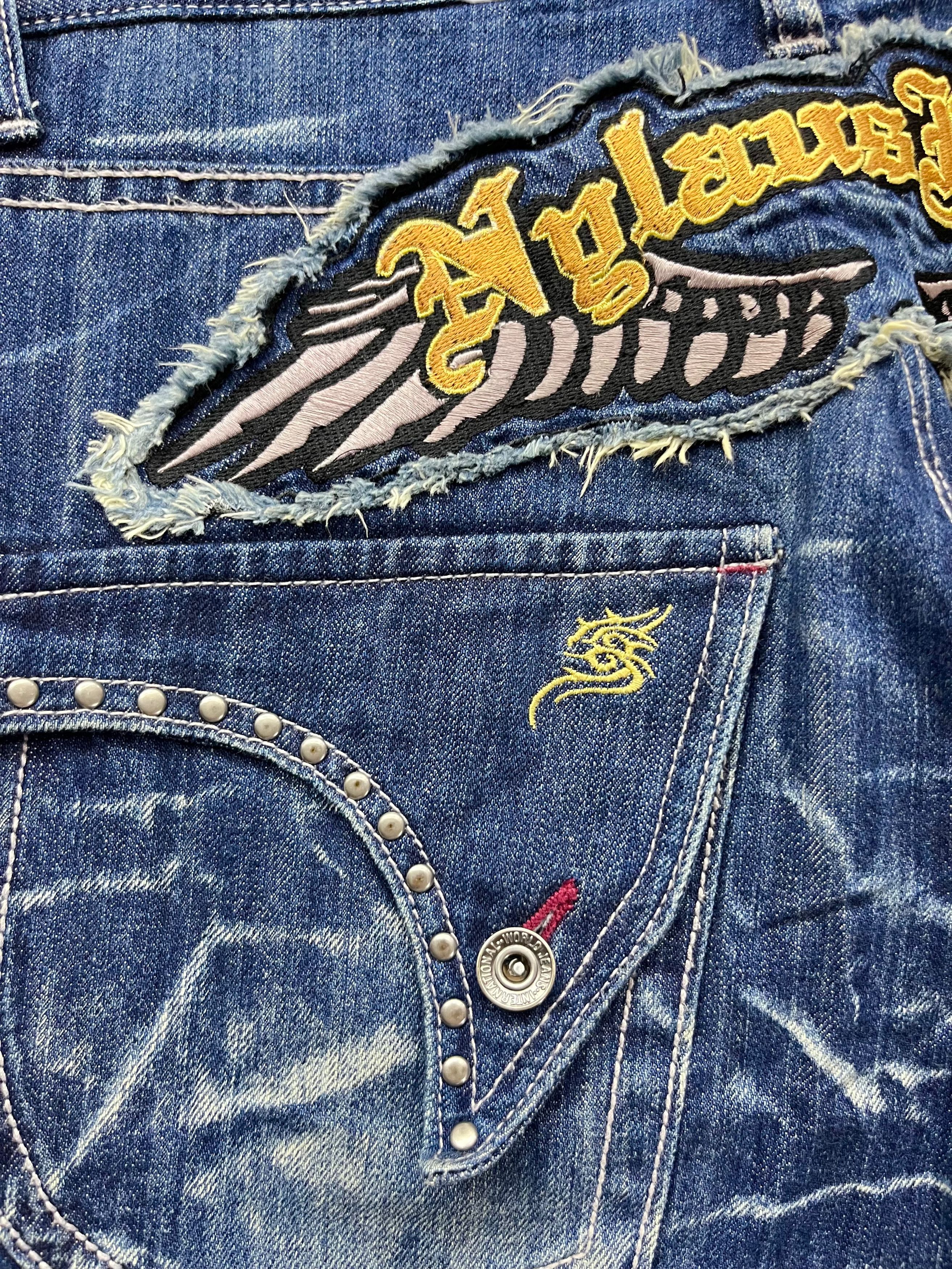 Fashion Victim NYLAUS Long Flap Studded Embroidery Winged Acid Wash Flared Size US 31 - 11 Thumbnail