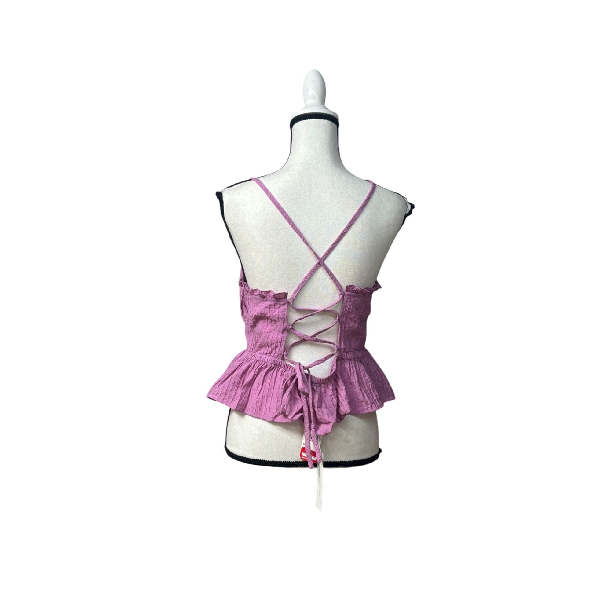 Other Lush Strappy Crinkle Fabric Lace Back Peplum Top, Pink Orcha Size L / US 10 / IT 46 - 12 Thumbnail