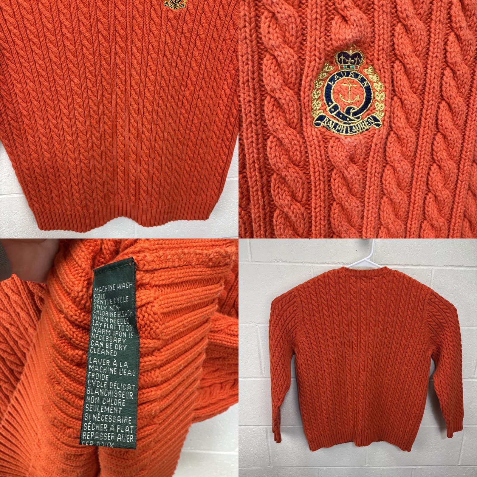 Ralph Lauren VINTAGE Lauren Ralph Lauren Sweater Womens XL Cable Knit Orange Crest Logo Crew Neck Long Sleeve Pullover 90s Preppy Classic Vintage All Seasons Women Size XL / US 12-14 / IT 48-50 - 8 Thumbnail
