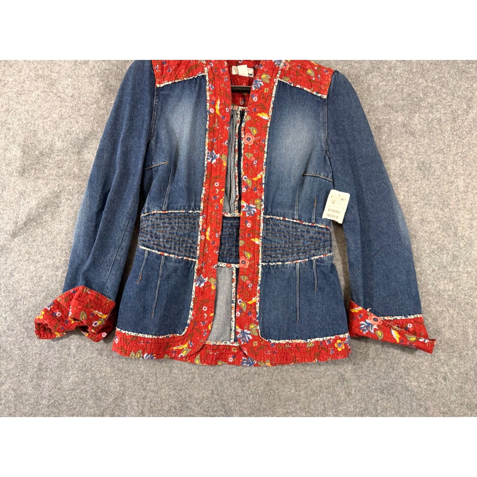 H&M H&M Jacket Womens 6 Blue Denim Floral Quilted Trim Boho Festival Hippie Peplum Open Front NWT Jacket Size M / US 6-8 / IT 42-44 - 4 Thumbnail