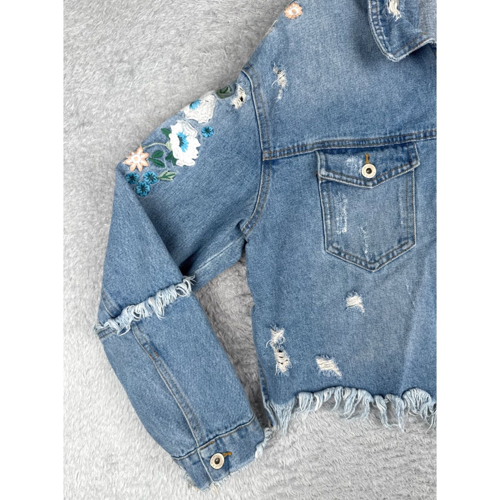 Vintage Dance & Marvel Jacket Womens Large Blue Denim Jean Distressed Floral Embroidered Size 40" / US 18 - 3 Thumbnail