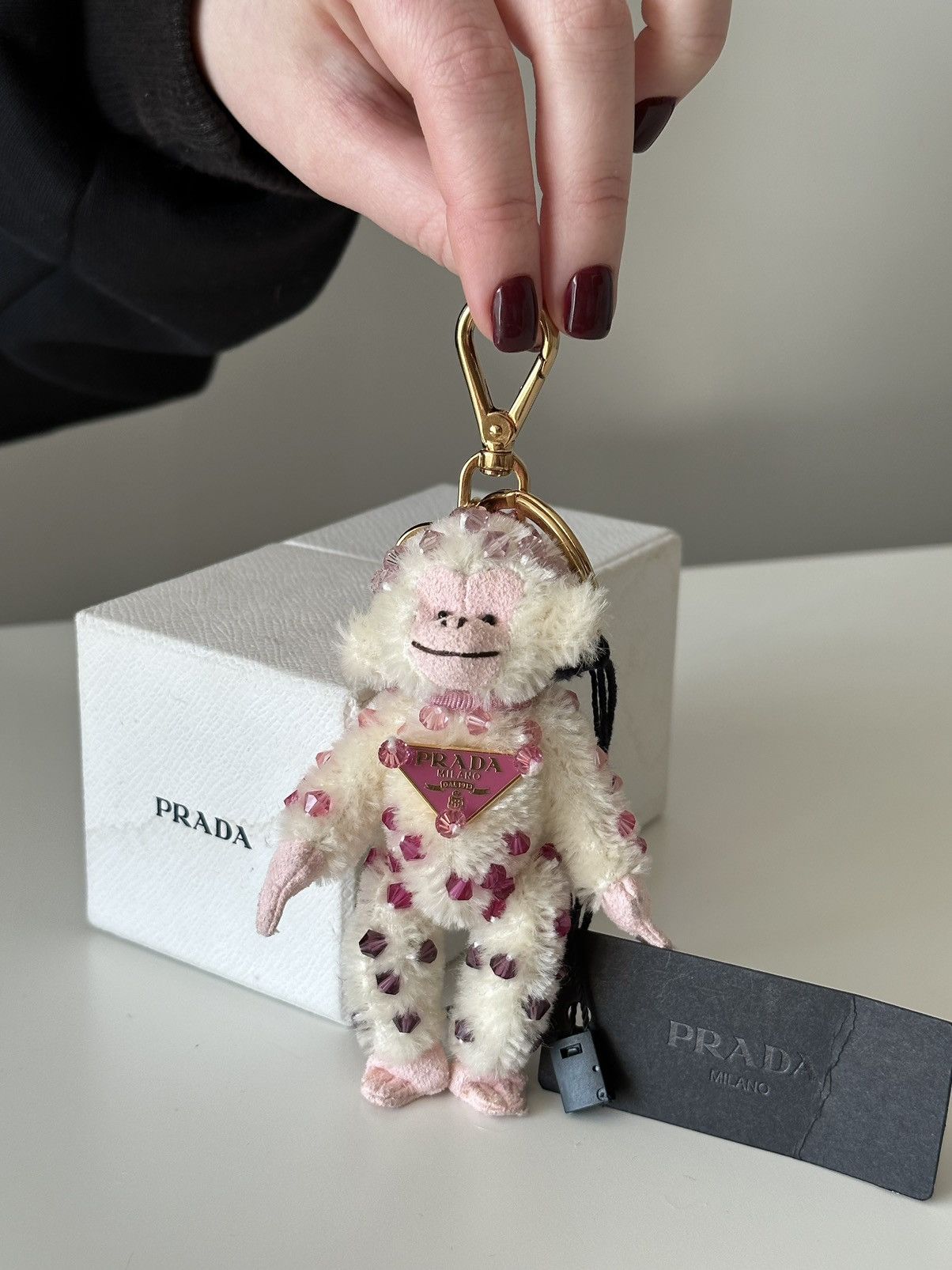 image of New Prada Keychain Pink Mohair Monkey 2009 Prada Triangle, Women's