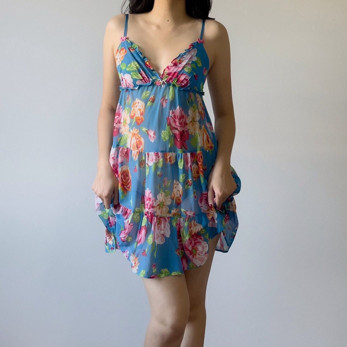Betsey Johnson × Vintage Vintage Betsey Johnson Blue Floral Mesh Sheer Slip Dress (S) Size S / US 4 / IT 40 - 1 Thumbnail