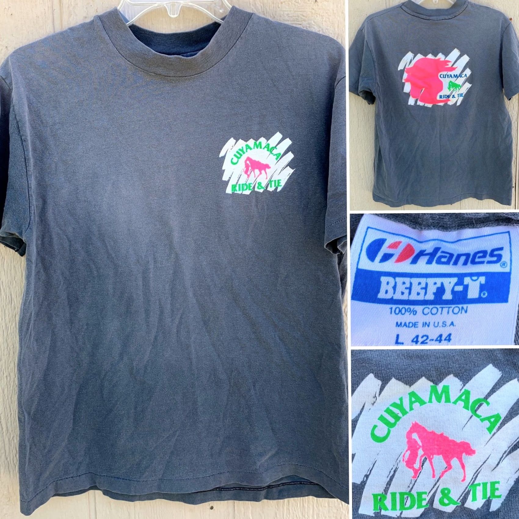 Hanes VINTAGE Hanes Cuyamaca Ride & Tie T Shirt Graphic Tee 80s 90s L Mens Gray Neon Graphics Back Front Size US L / EU 52-54 / 3 - 3 Thumbnail