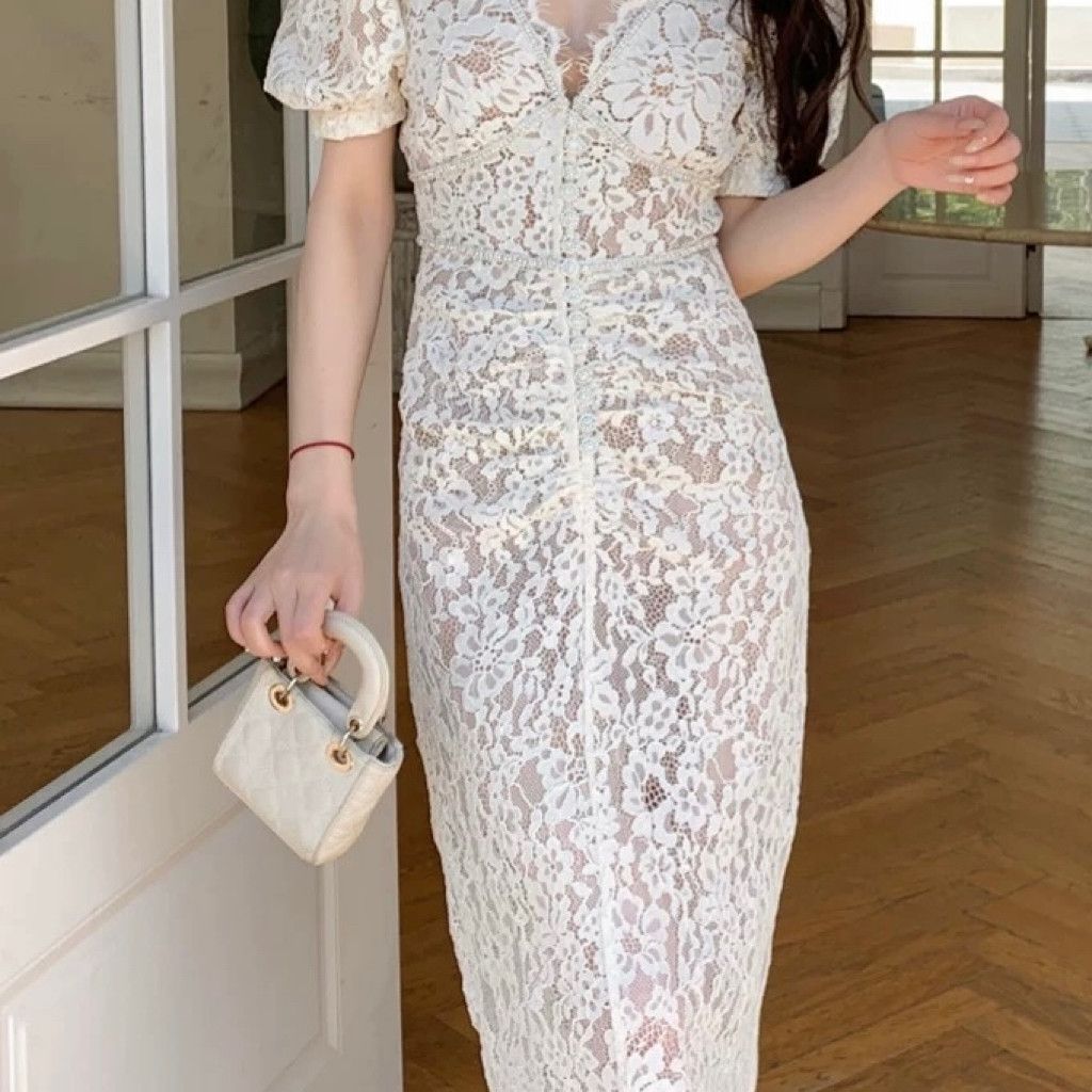Zara White Lace Midi Dress Romantic & Feminine Size S / US 4 / IT 40 - 2 Thumbnail