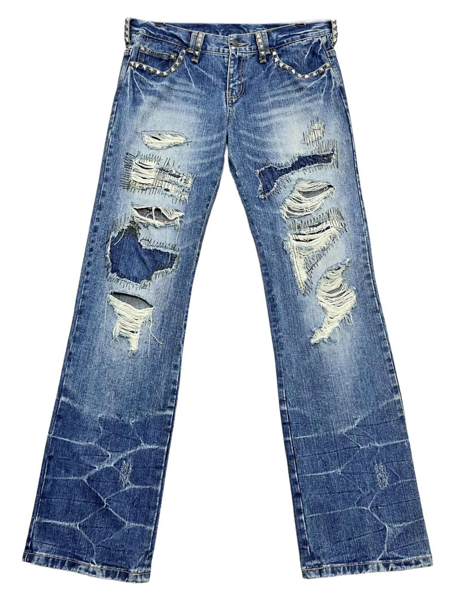 Designer 🔥FYE🔥Vtg MCD Studded Boro Patchwork Distressed Punk Denim Size US 31 - 23 Thumbnail