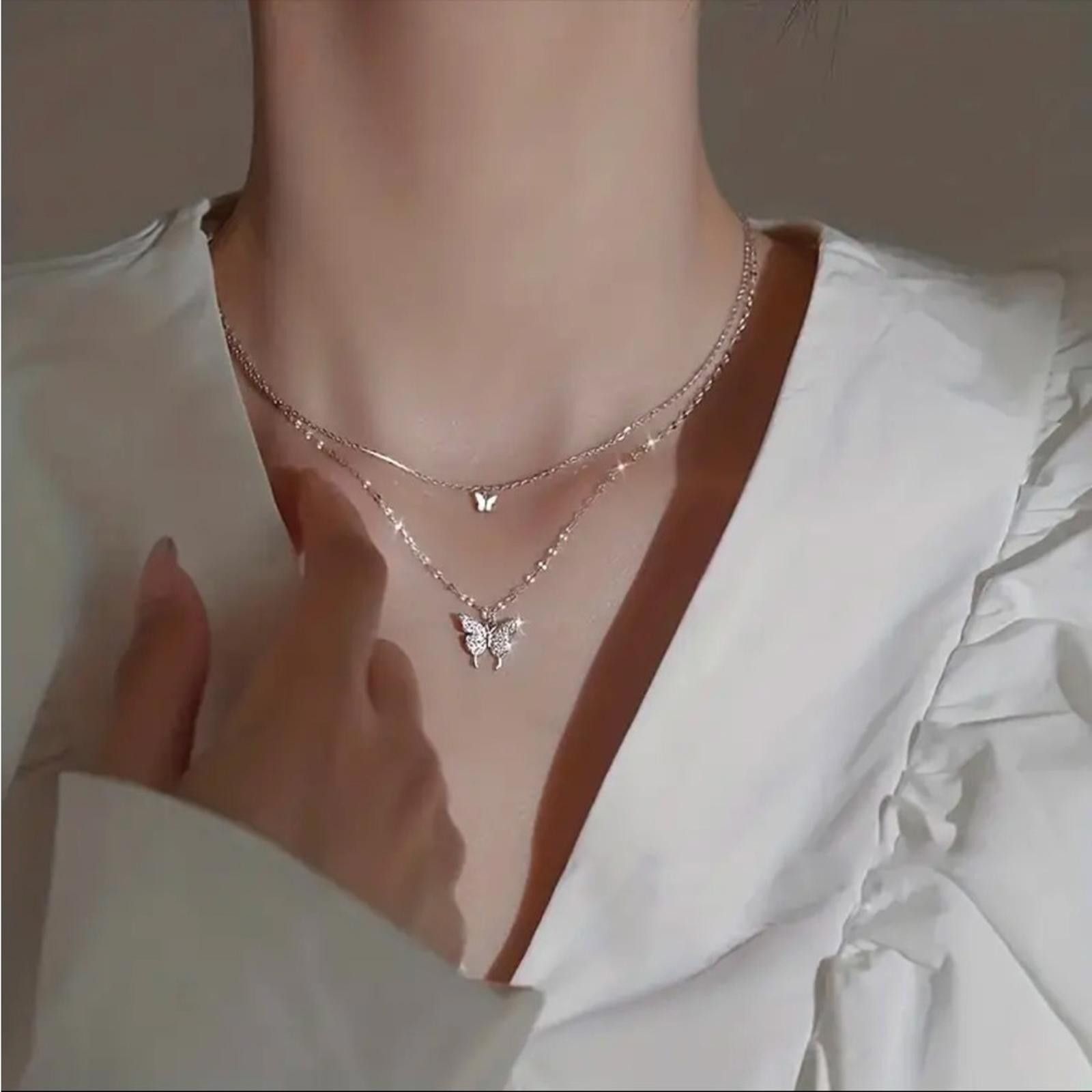 Designer Dainty Silver Plated Double Chain Butterfly Necklace NWT Size ONE SIZE - 3 Thumbnail
