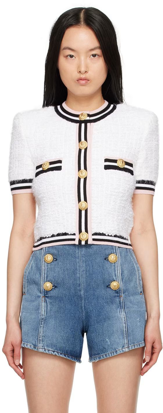 Balmain o1s1wg110825 Boucle Knit Nylon Blend Cardigan in White Size S / US 4 / IT 40 - 1 Thumbnail