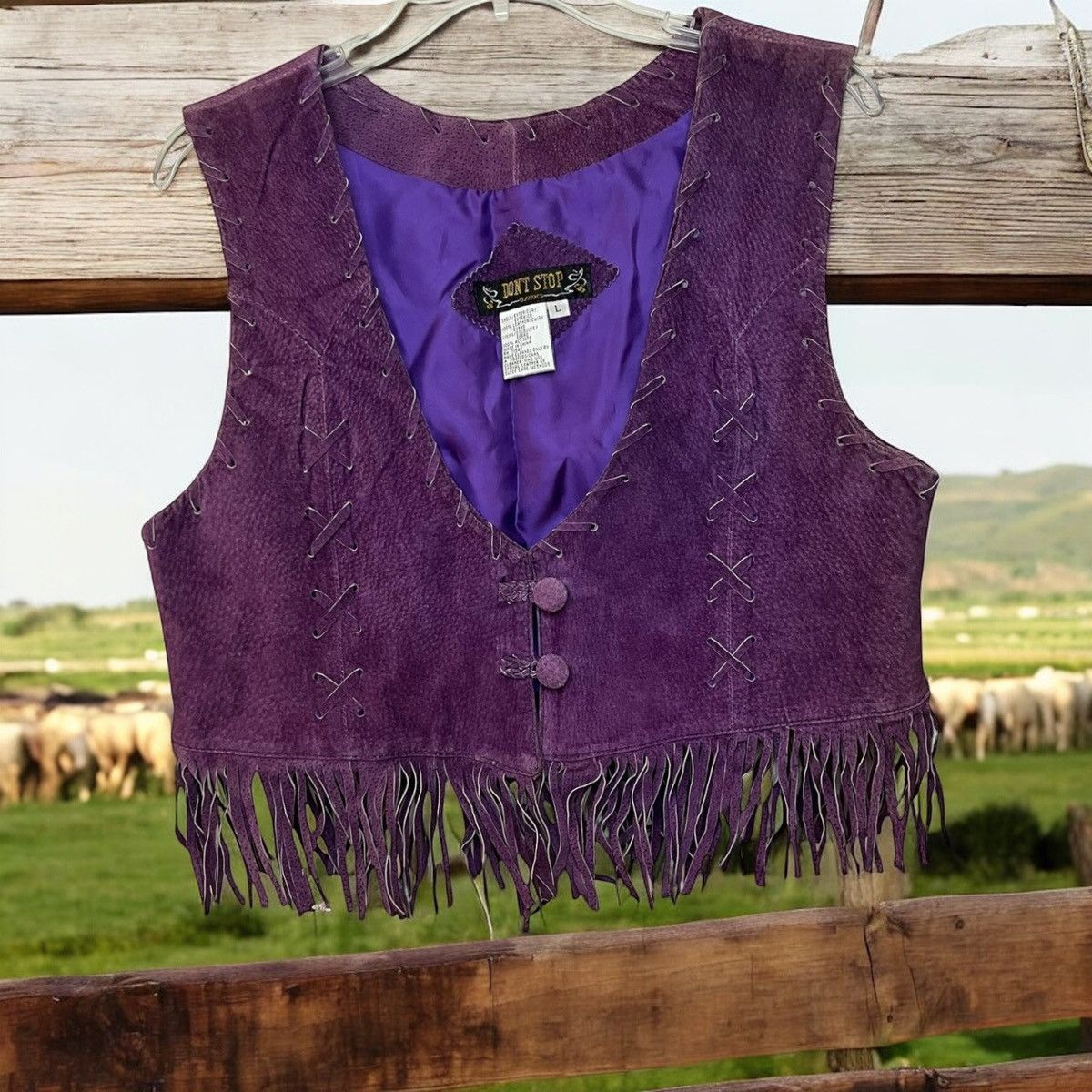 Vintage 90s/Y2K Don’t Stop Festival Purple Leather Fringe Vest Sz L Size L / US 10 / IT 46 - 1 Thumbnail