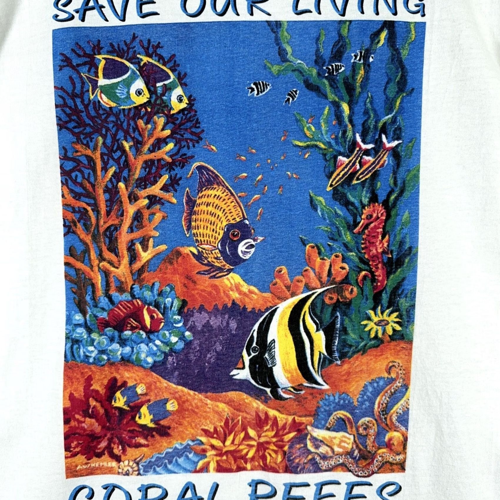 Hanes VINTAGE Hanes Heavyweight 1990s T-Shirt XL White Crew Neck Short Sleeve Save Our Living Coral Reefs 90s Men Size US XL / EU 56 / 4 - 7 Thumbnail