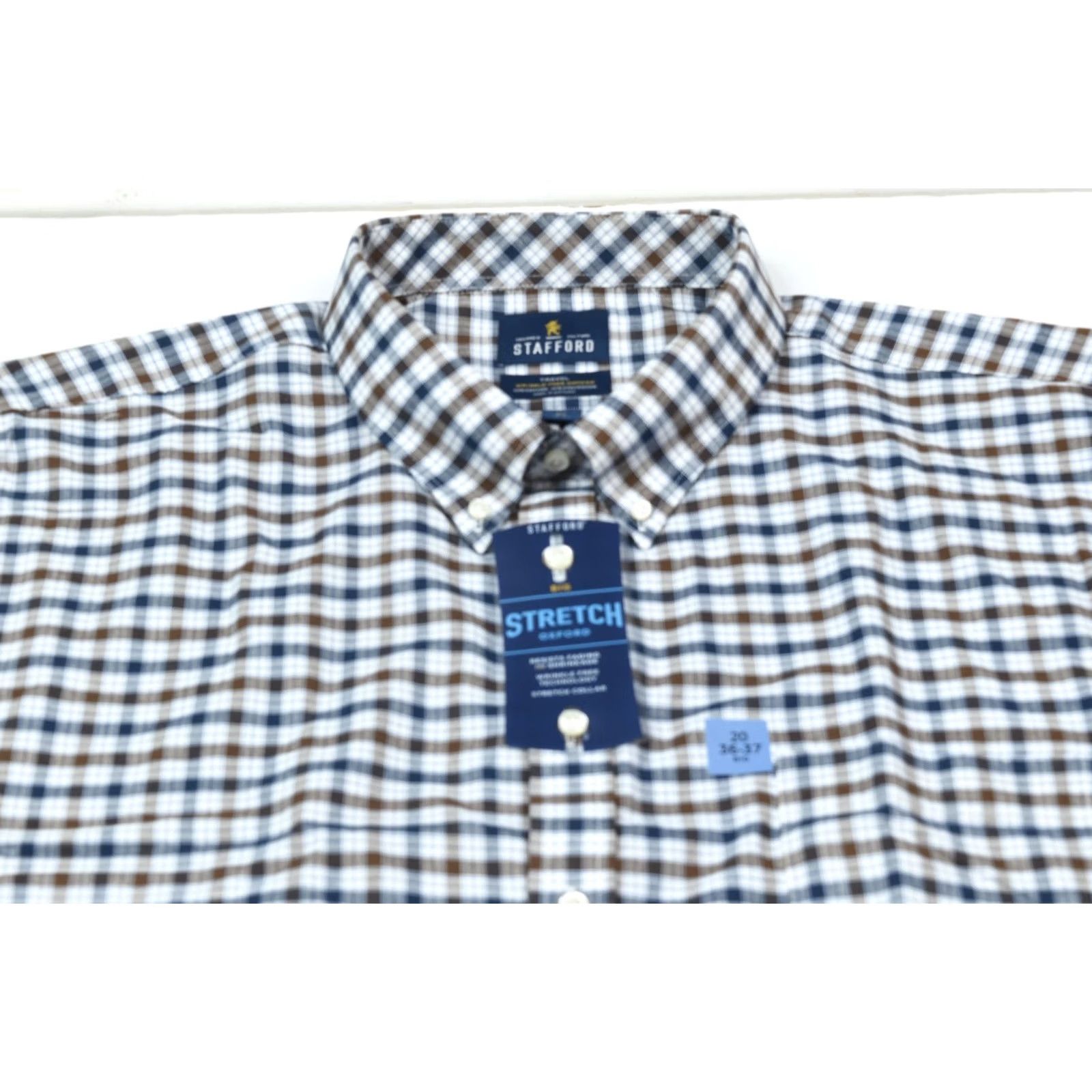 Stafford STAFFORD Travel Stretch Oxford Shirt Mens Big 20 Brown Blue Plaid Button-Down Size US XXL / EU 58 / 5 - 3 Thumbnail