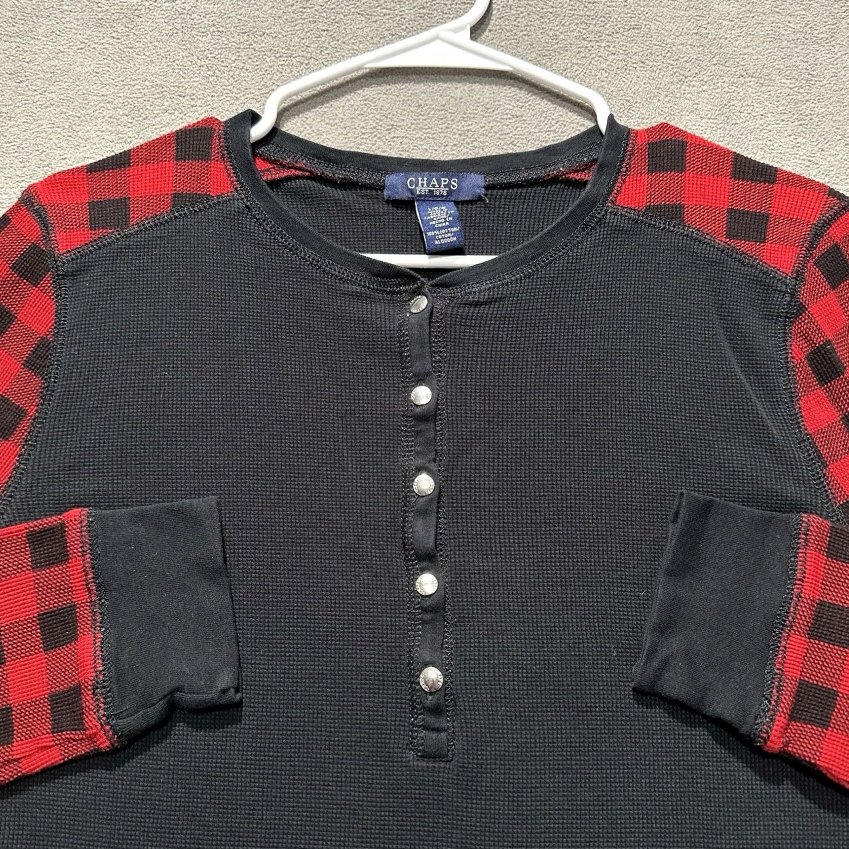 Chaps CHAPS Shirt Women L Thermal Waffle Knit Henley Snap Long Sleeve Buffalo Plaid Black Size L / US 10 / IT 46 - 3 Thumbnail
