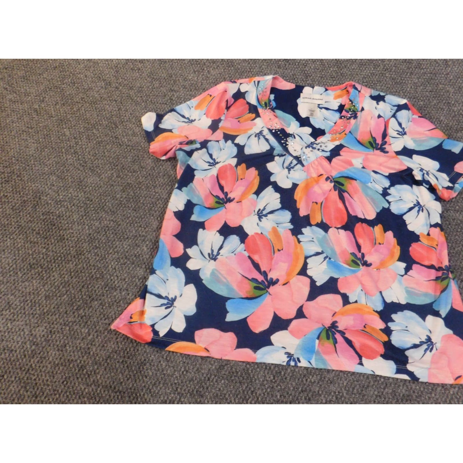 Vintage Alfred Dunner Blouse L Blue Floral Pink Coastal Stretch Polyester Women Regular Vintage No Size L / US 10 / IT 46 - 2 Thumbnail