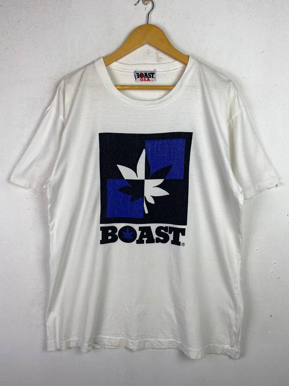 image of Avant Garde x Made In USA Vintage Boast Usa Big Logo Distressed in White, Men's (Size Large)