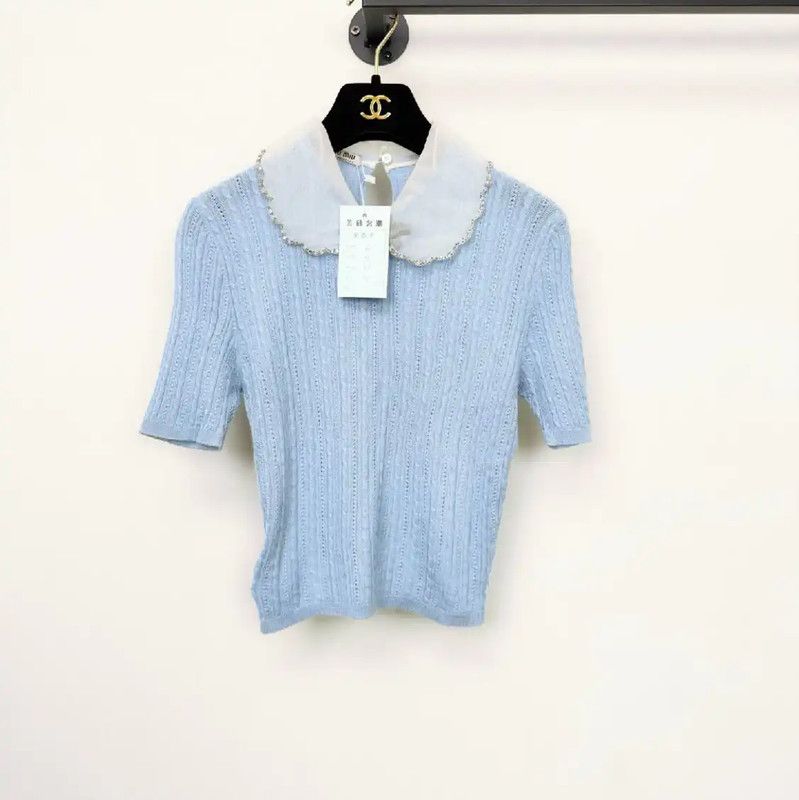 Miu Miu Miu Miu Summer Blue Cashmere Short Sleeve Tee 0089 Size S / US 4 / IT 40 - 1 Thumbnail