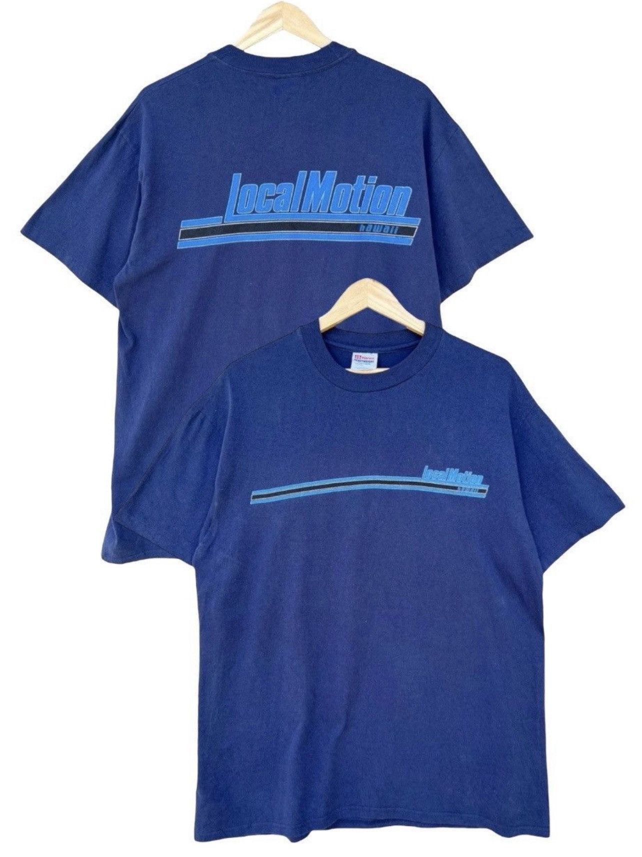 Vintage 90s Local Motion Spellout Logo Large Blue Tee