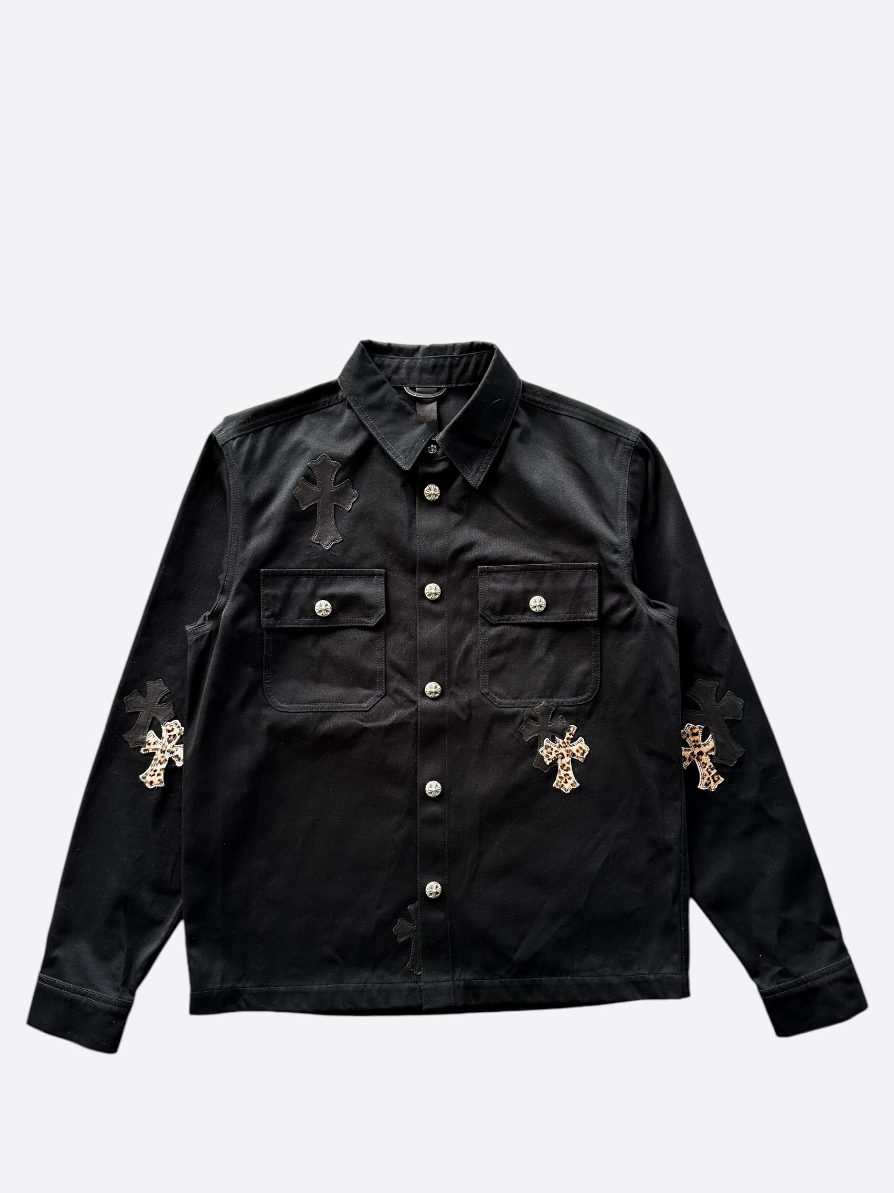 image of Chrome Hearts Black & Cheetah Cross Patch Work Dog Jacket, Men's (Size Medium)