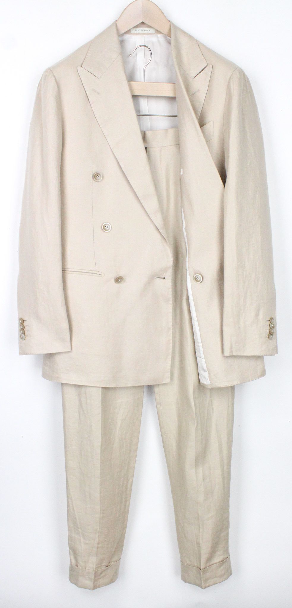image of Suitsupply Havana Low Uk38R Beige Two-Row Linen Suit 72246, Men's