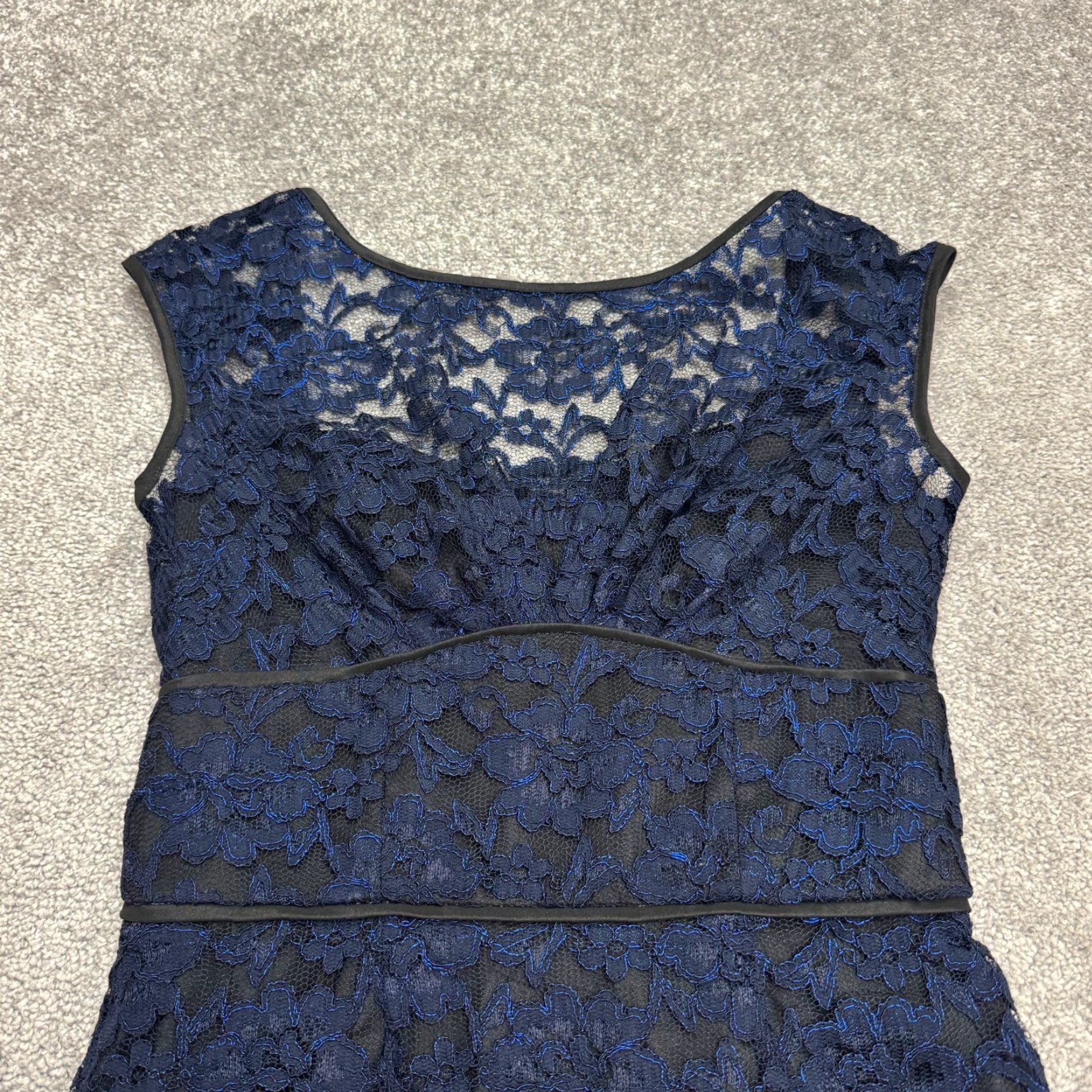MAGGY LONDON Maggy London Dress Womens 4 Navy Blue Lace Overlay Pencil Midi Sheath Cocktail Size S / US 4 / IT 40 - 3 Thumbnail