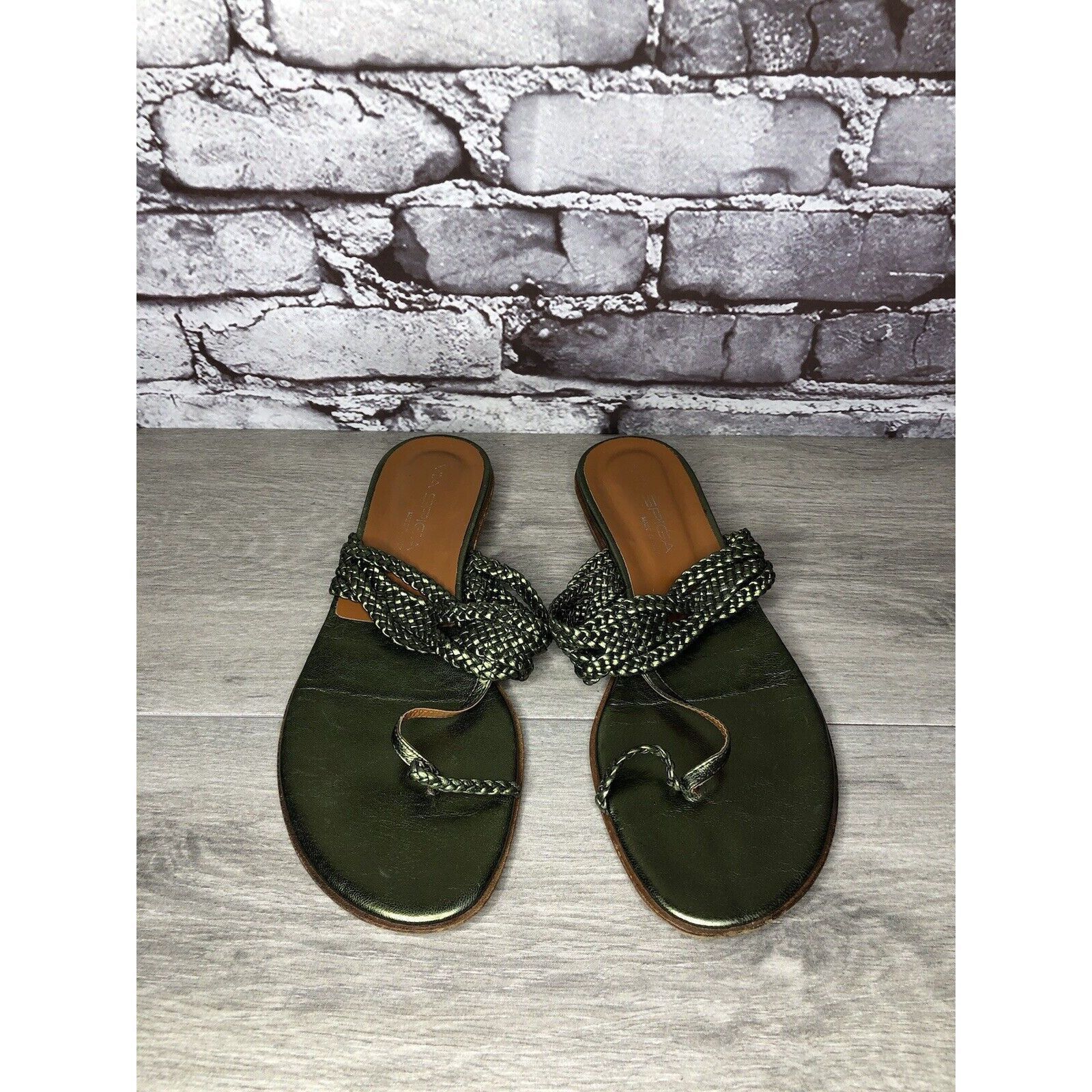 Other Via Spiga Metallic Green Leather Braided Flats Sandals Women Size US 8.5 / IT 38.5 - 17 Thumbnail