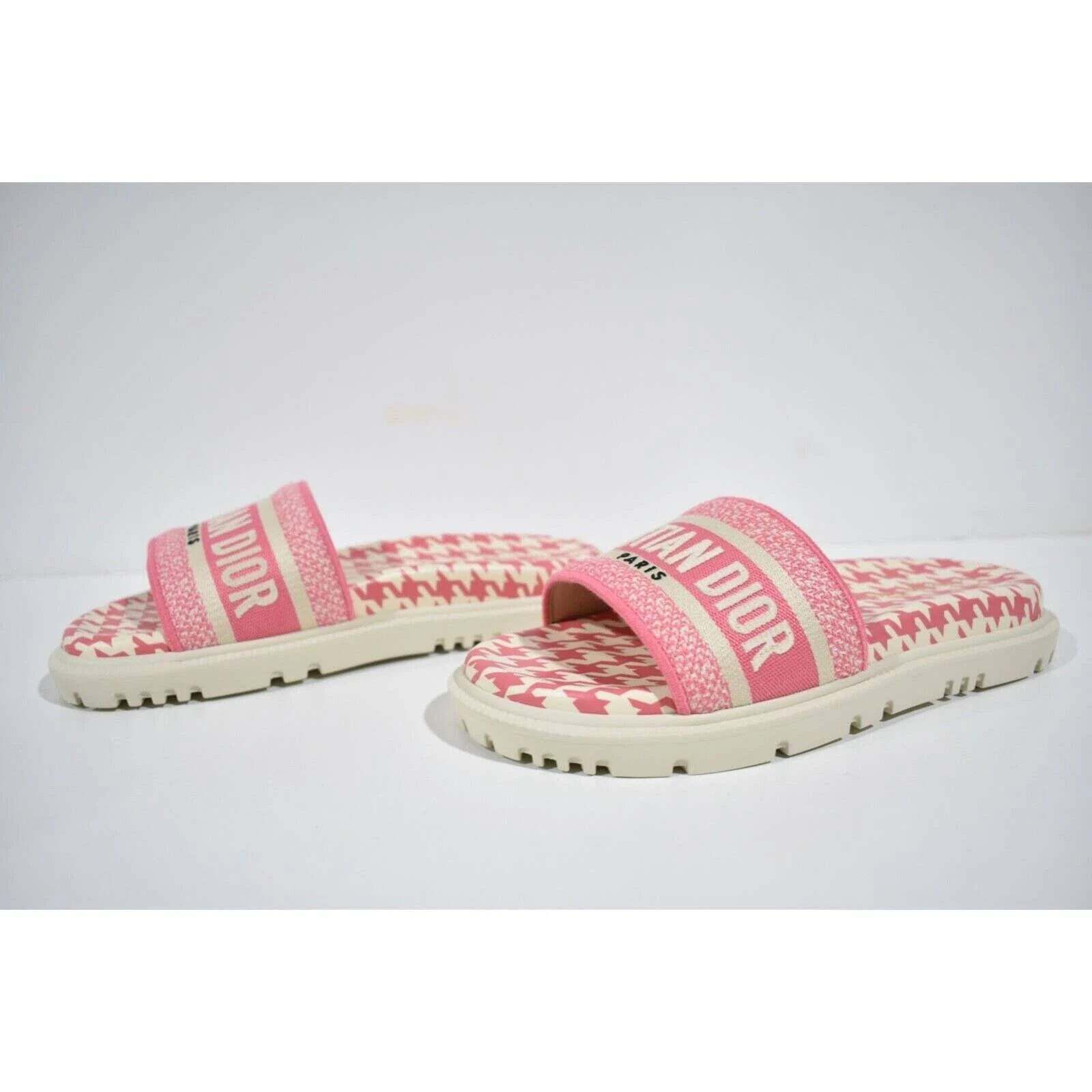 Dior Dway Pink White Logo Houndstooth Slide Mule Flat Sandal 37.5 Size US 7.5 / IT 37.5 - 10 Thumbnail