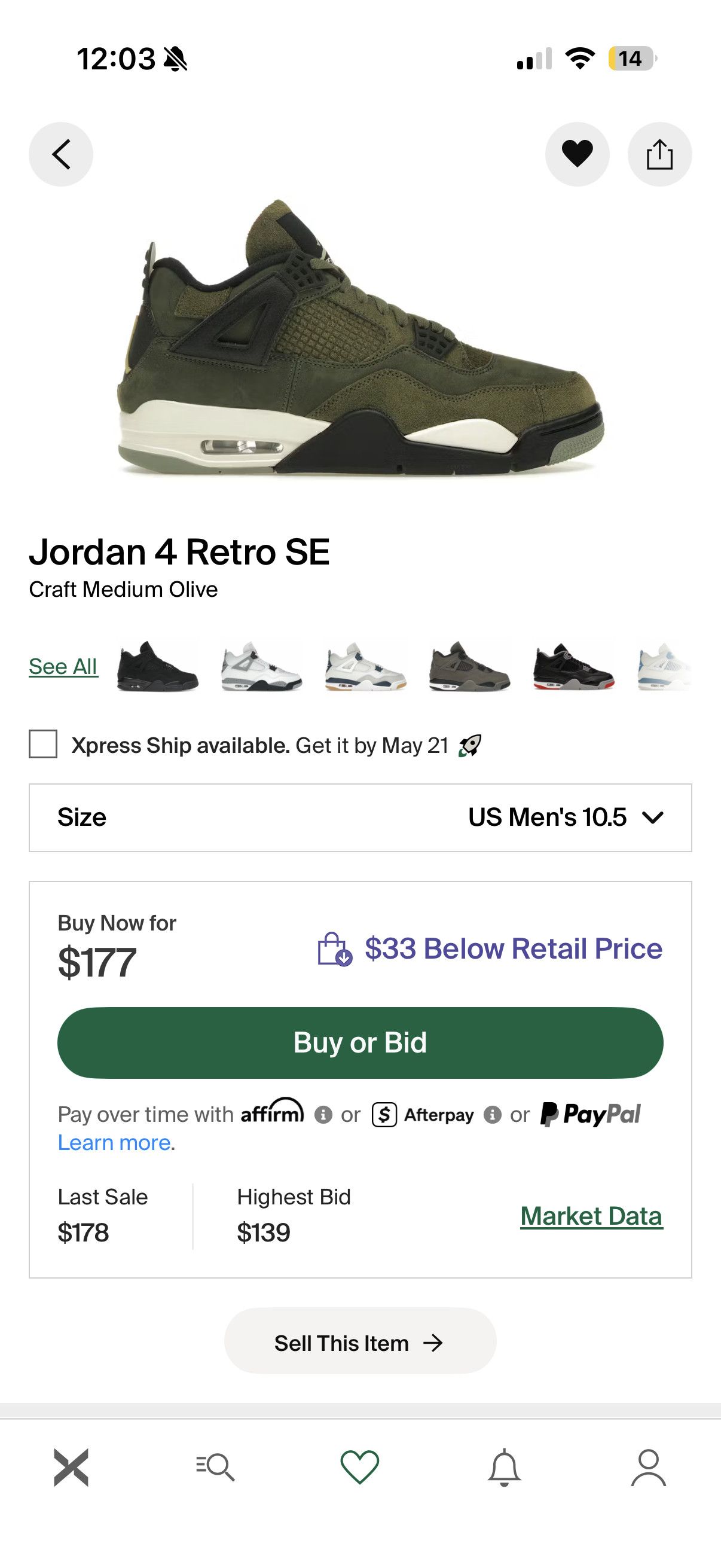 Jordan Brand Jordan 4 Retro SE Craft Medium Olive Size US 10.5 / EU 43-44 - 3 Thumbnail