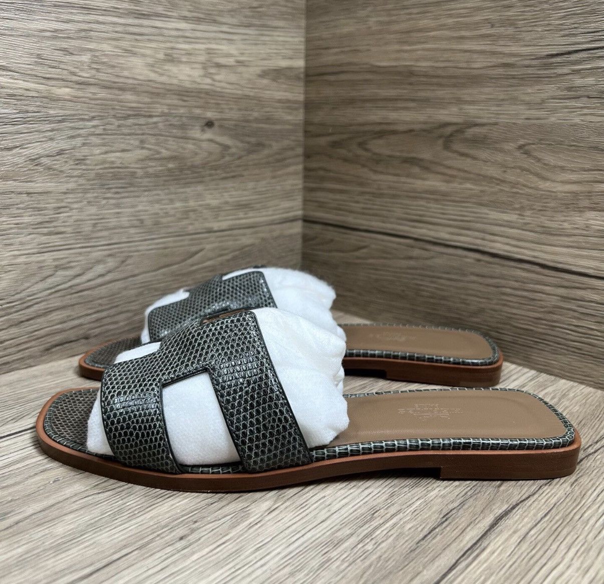 Hermes Hermès Oran Green & Brown Lizard H Slippers J41 Size US 8 / IT 38 - 1 Thumbnail