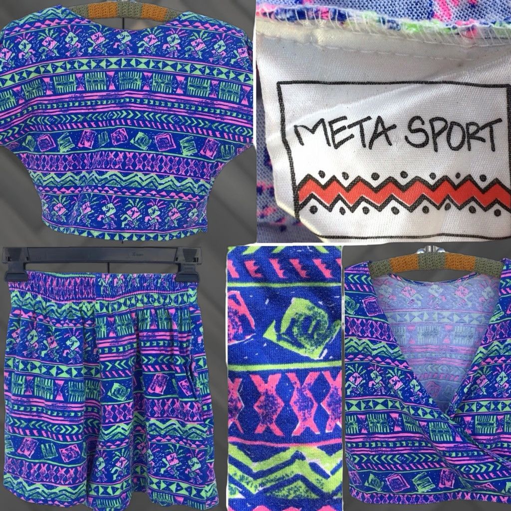 Vintage Vtg Meta Sport Shorts & Crop Top Tee 80s Neon Geometric 1980s Size L runs small Size L / US 10 / IT 46 - 1 Thumbnail