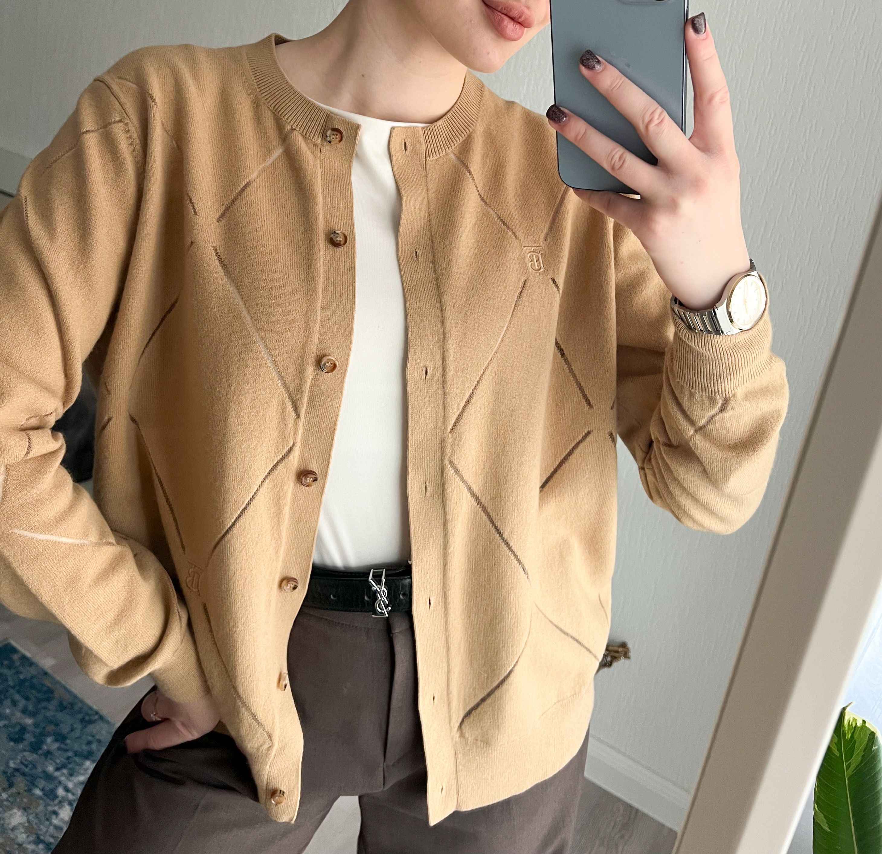 Burberry Burberry TB Monogram Motif Diamond Intarsia Wool Cardigan Size L / US 10 / IT 46 - 2 Thumbnail
