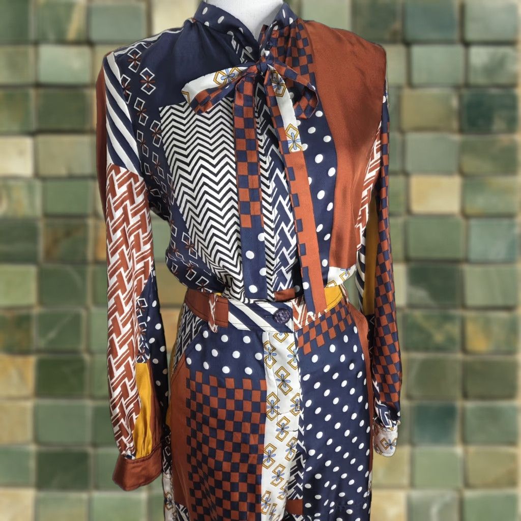 Tory Burch Tory Burch Vivian Patchwork Silk 2 Piece Set Shirt Pants Sz 4 Multicolor 70s Geometric Silk Long Sleeve Wide Leg Womens Set Size S / US 4 / IT 40 - 1 Thumbnail