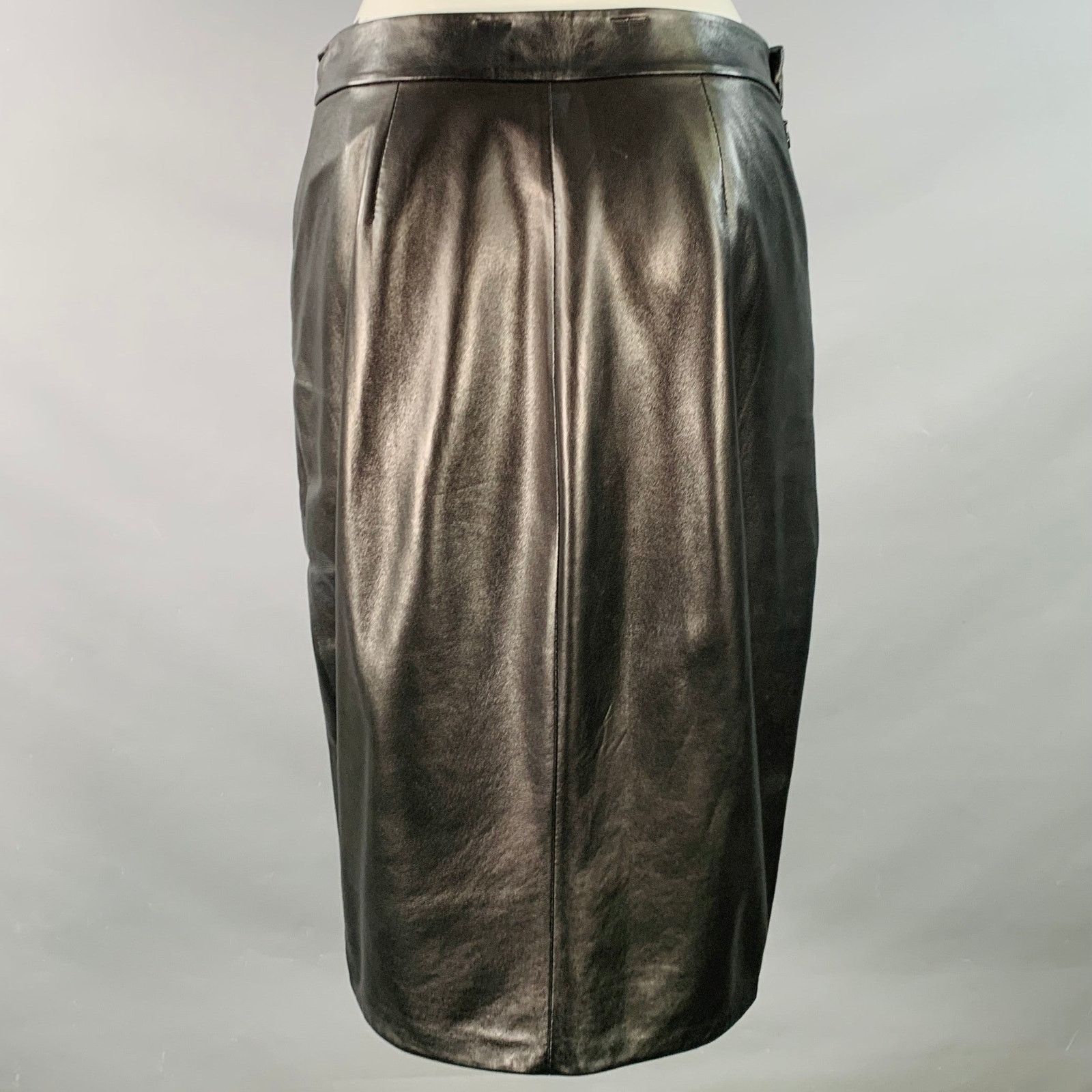L'AGENCE Black Pleated Lambskin Leather Pencil Below Knee Skirt Size 30" / US 8 / IT 44 - 3 Thumbnail