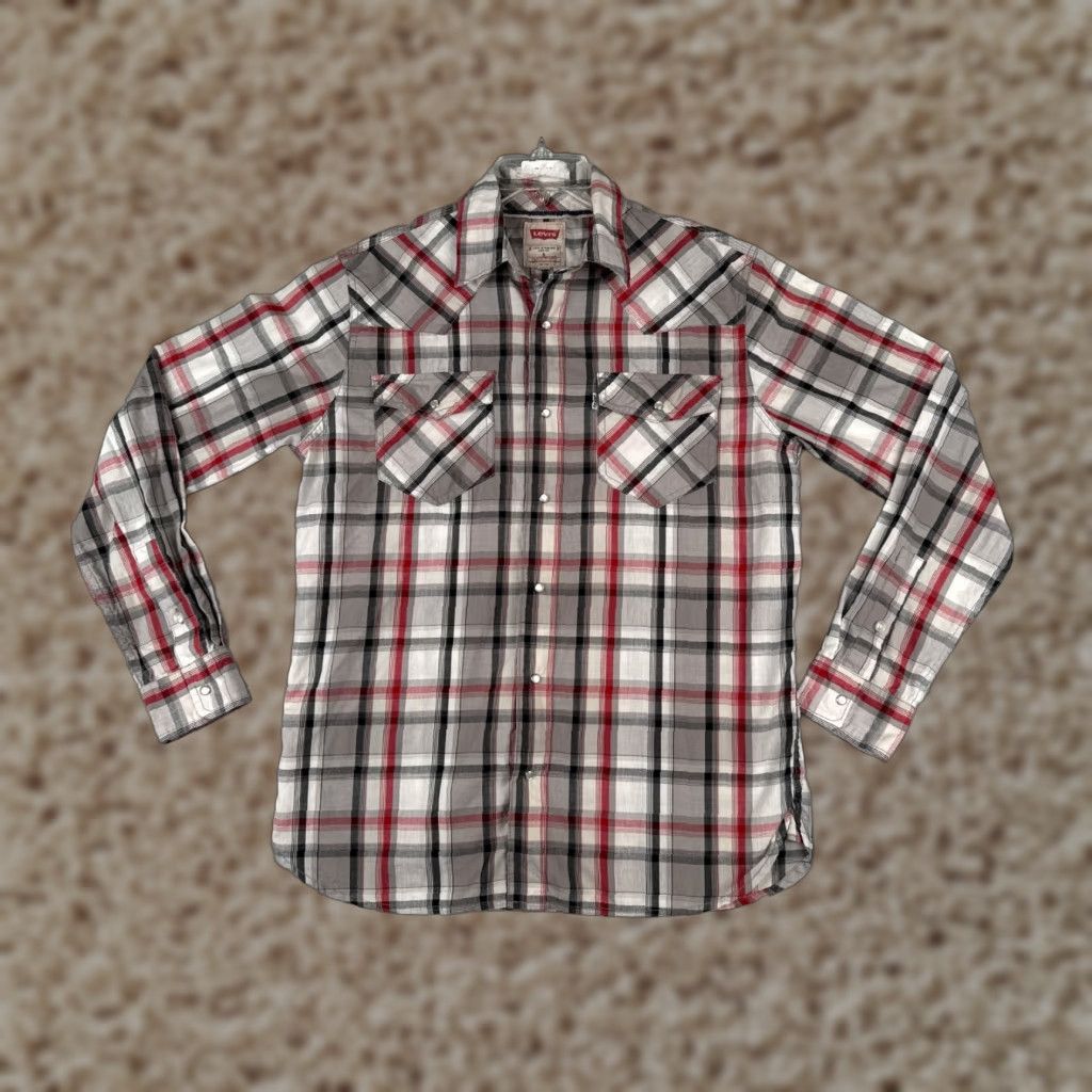 Levi's VINTAGE Levis Shirt Mens Small Gray Red Plaid Solid Pearl Snap Long Sleeve Cotton READ Size US S / EU 44-46 / 1 - 1 Thumbnail