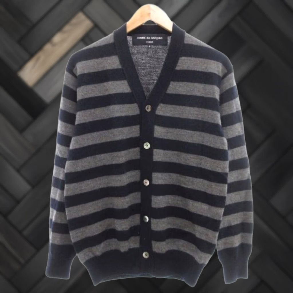Comme Des Garcons Homme Cardigan S Grey Navy Black Border V-Neck Wool Mens, Men's
