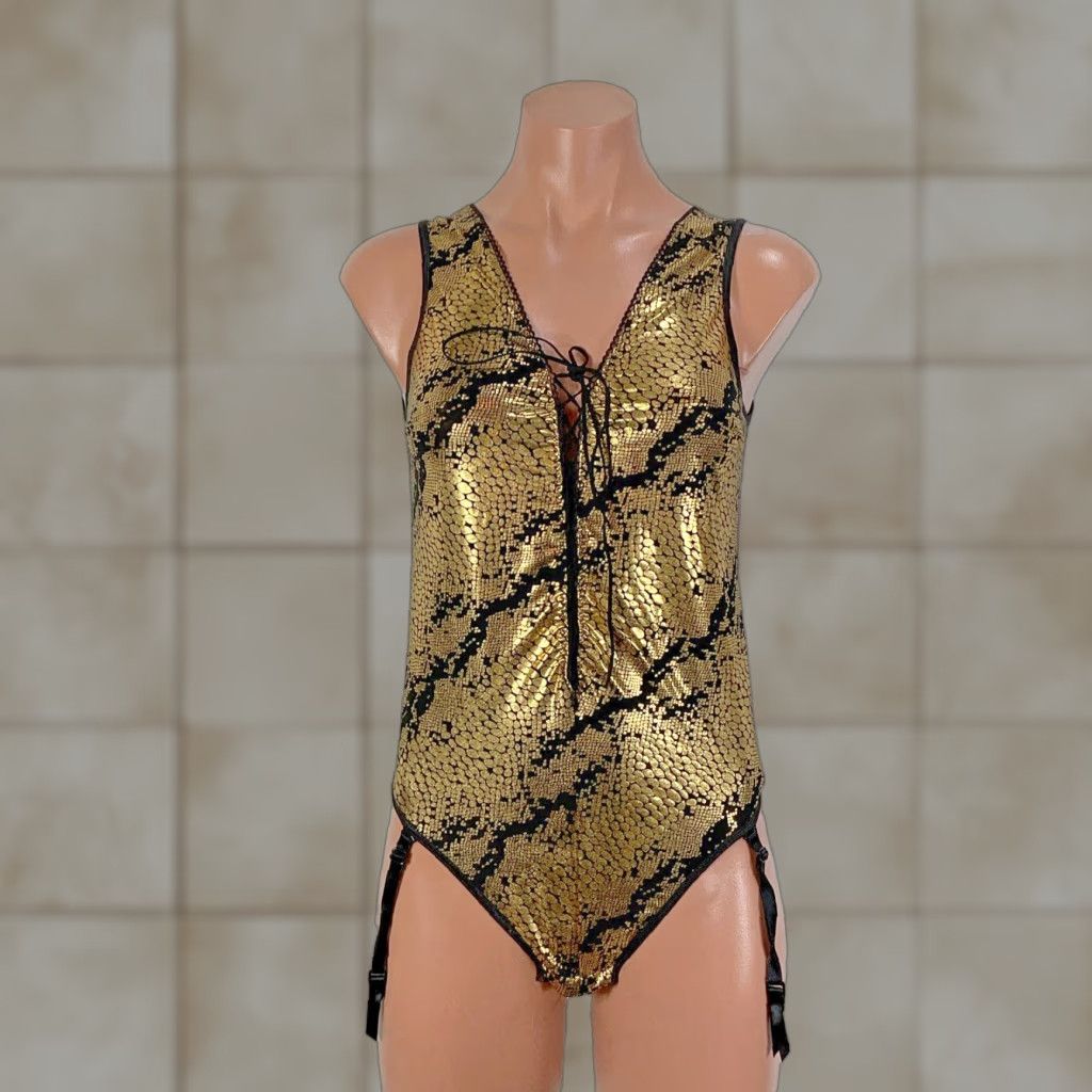 VINTAGE Frederick's of Hollywood Teddy Bodysuit Gold L 1990s Glam Rock Special Occasion Mens Womens Girls Boys