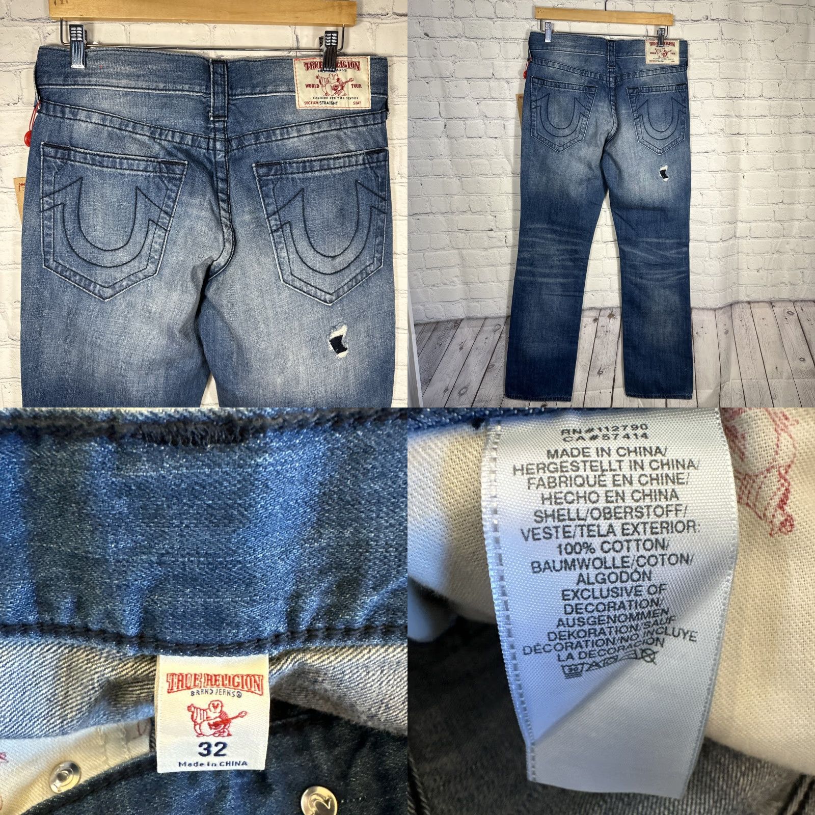 True Religion TRUE RELIGION Jeans Mens 32x34 Straight No Flap Rock Distress 10152 Denim Blue 5-Pocket Zip Mid Rise Machine Washable World Tour Mens Jeans Size US 32 / EU 48 - 8 Thumbnail