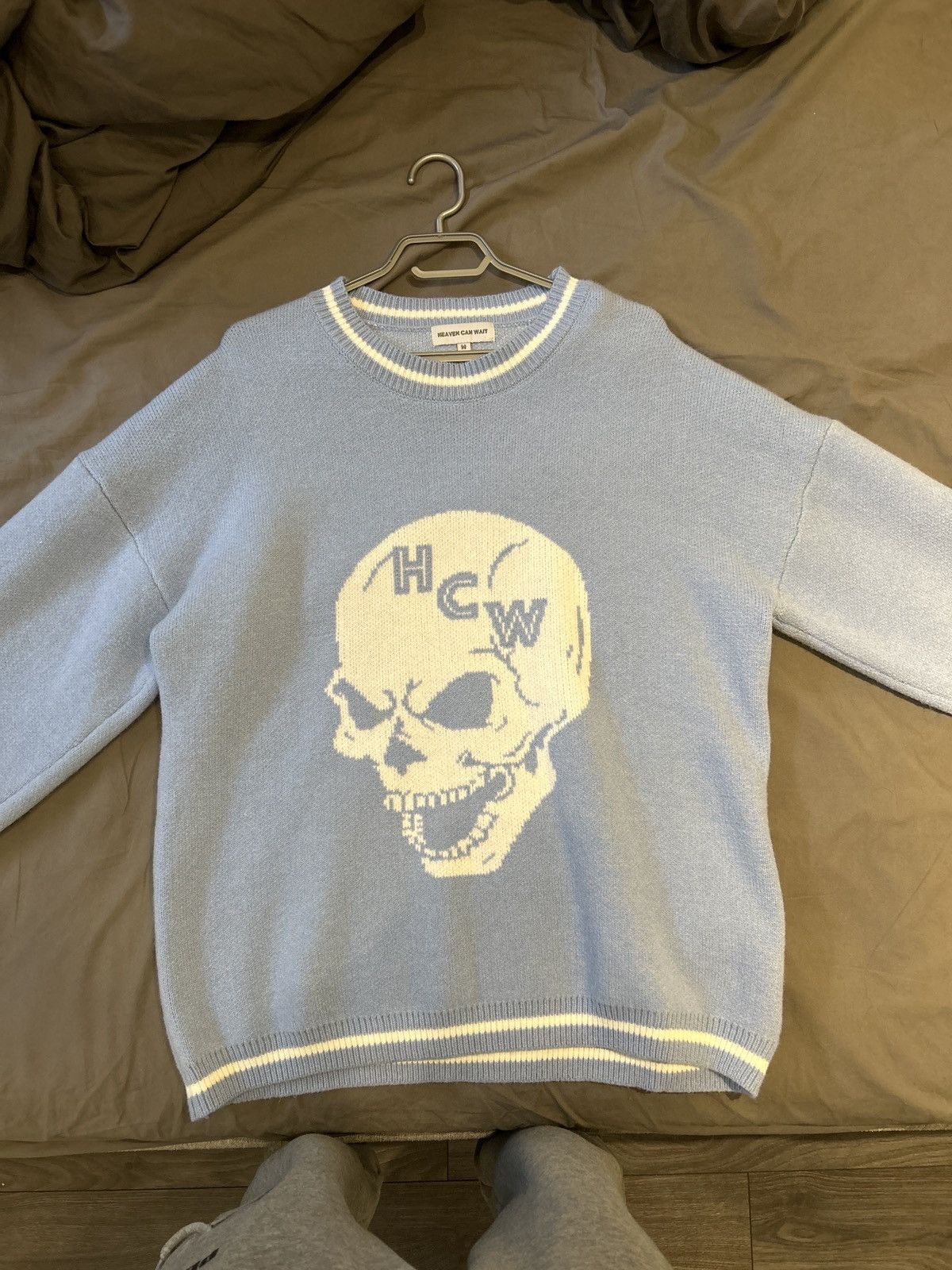 Heaven Can Wait” baby blue long sleeve/sweatshirt